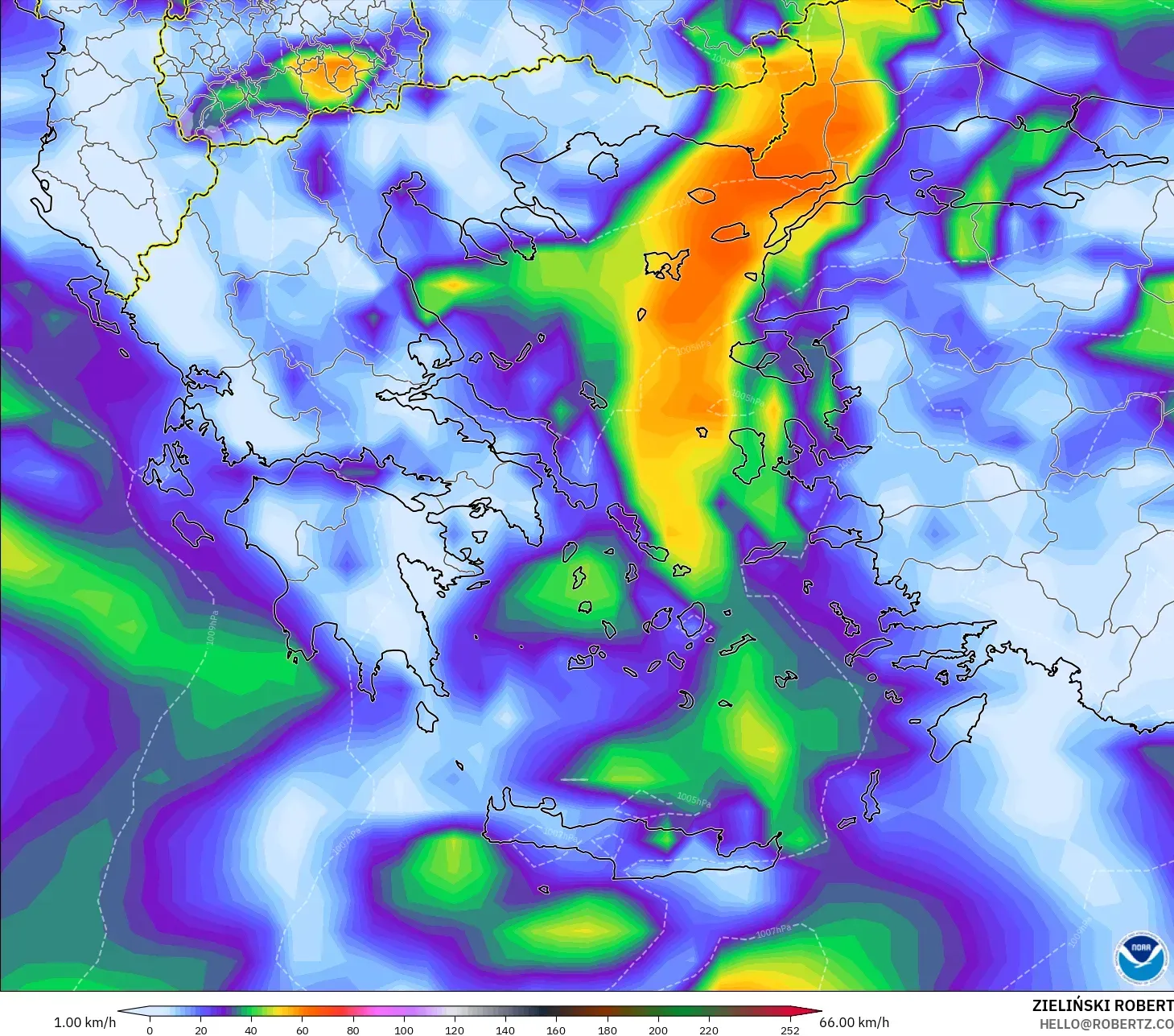 GFS modelo - Grecia, Ráfagas de Viento Máximas