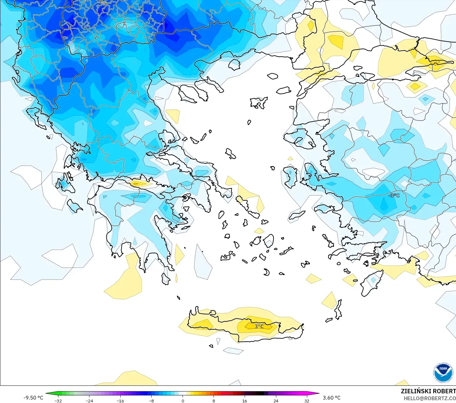 GFS modelo - Grecia, Anomalía de temperatura a 2 m