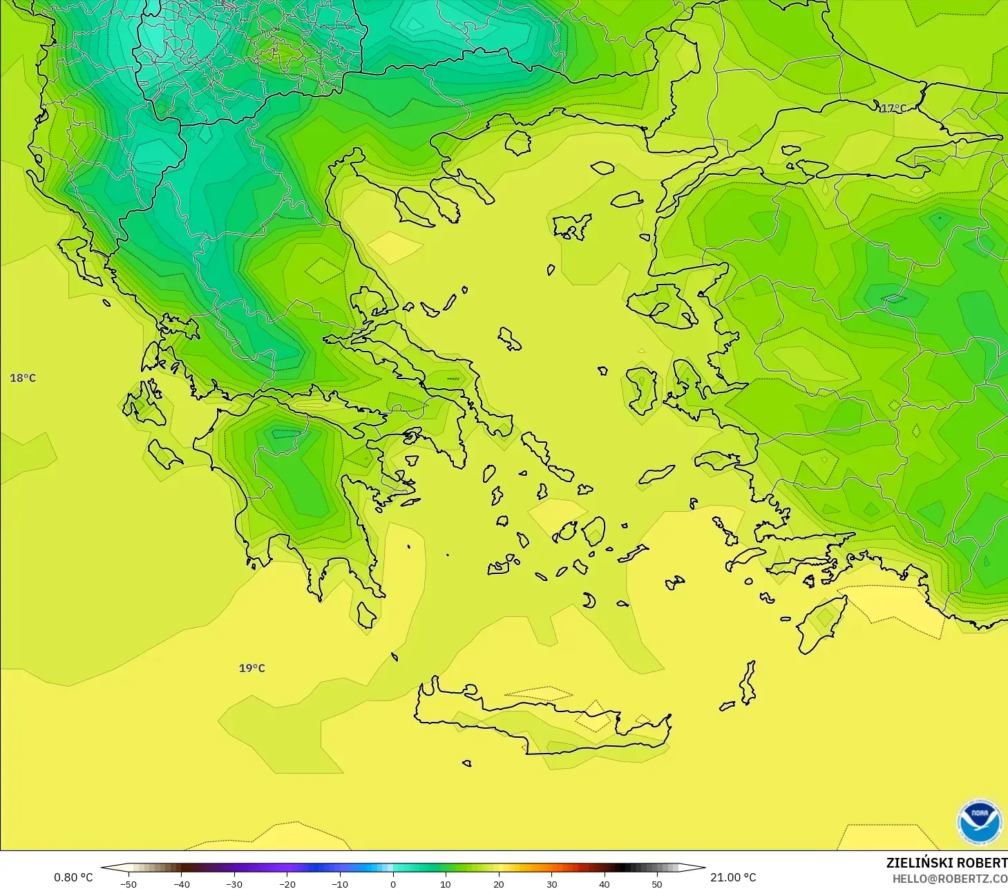 GFS modelo - Grecia, Temperatura a 2 m