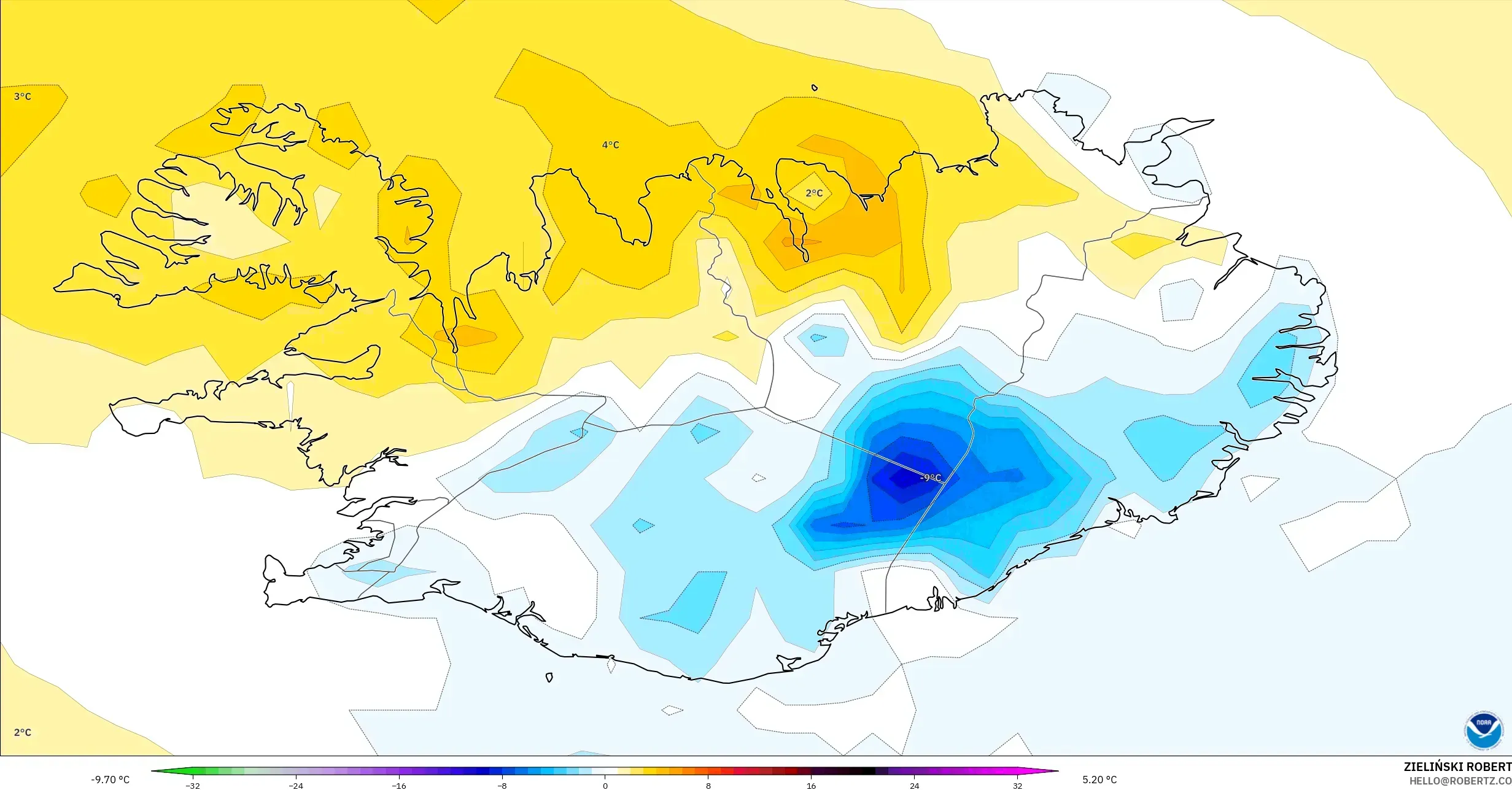 GFS modelo - Islandia, Anomalía de temperatura a 2 m