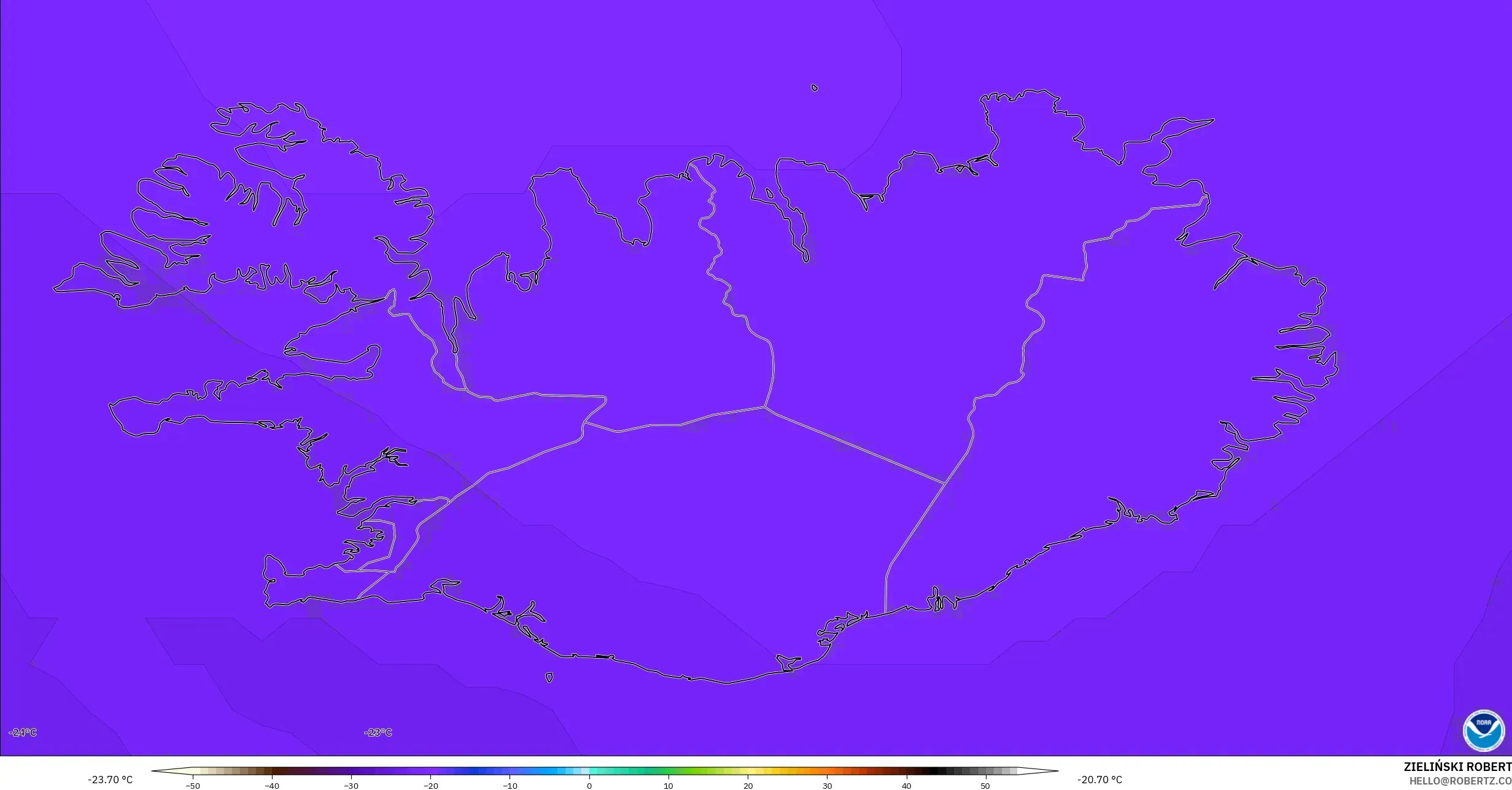 GFS modelo - Islandia, Temperatura a 500 hPa