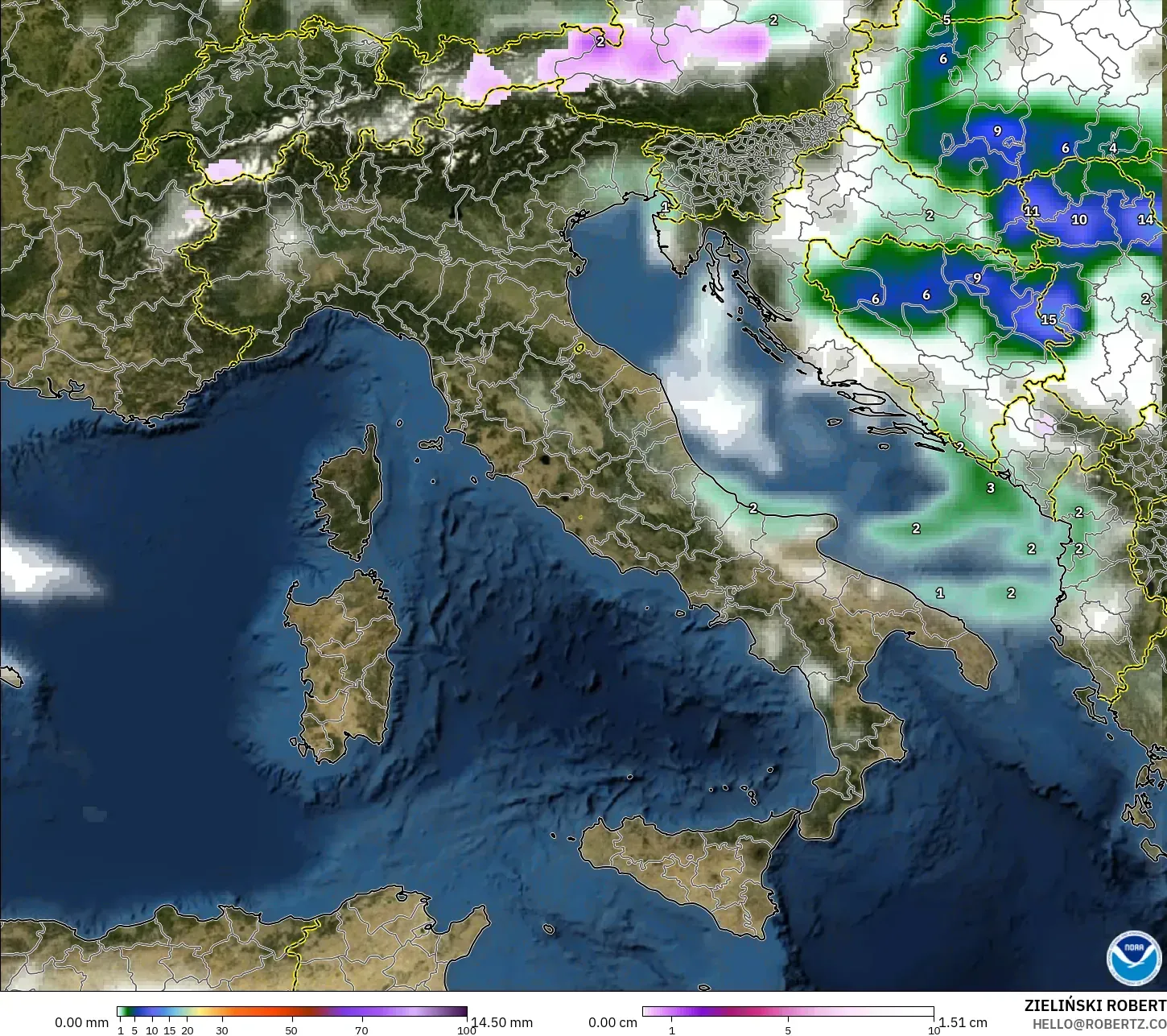GFS modelo - Italia, Precipitación, nubes y presión