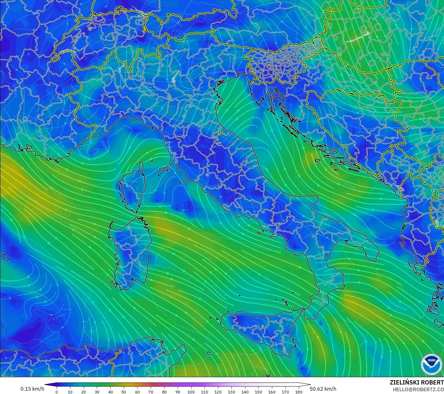 GFS modelo - Italia, Viento a 10 m