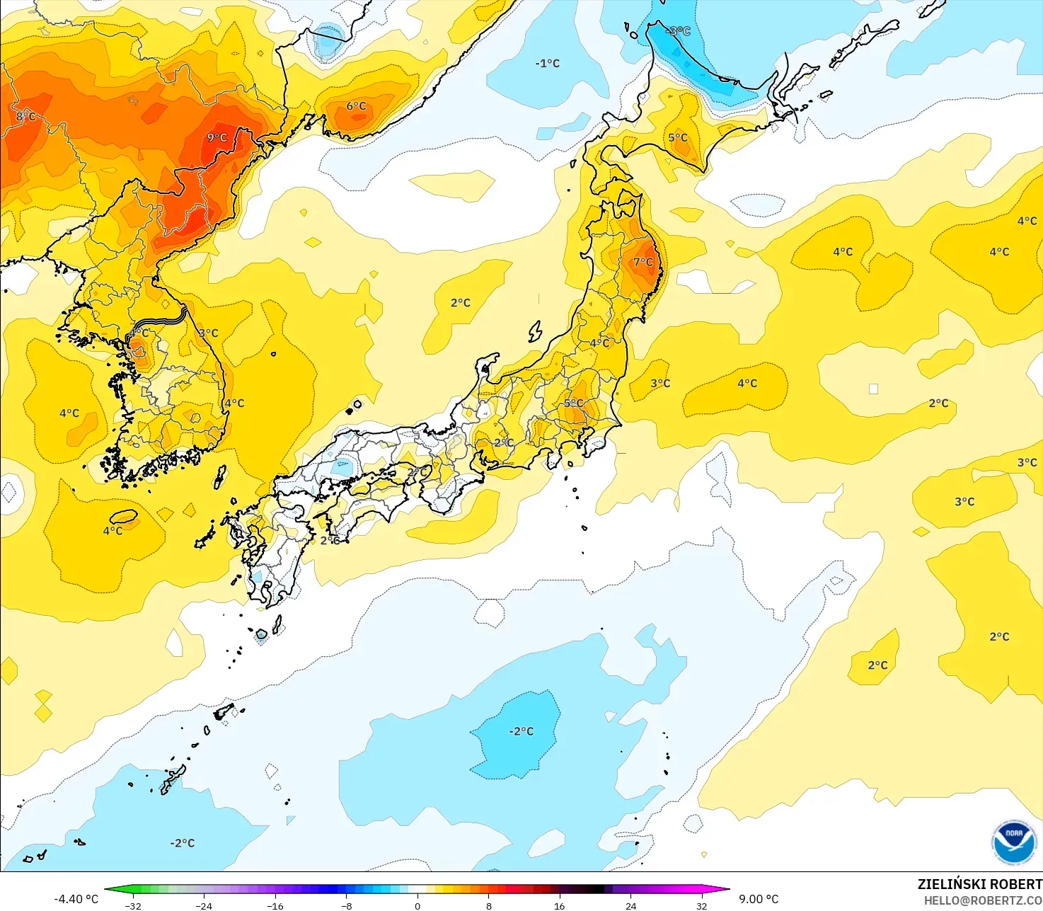 GFS modelo - Japón, Anomalía de temperatura a 2 m