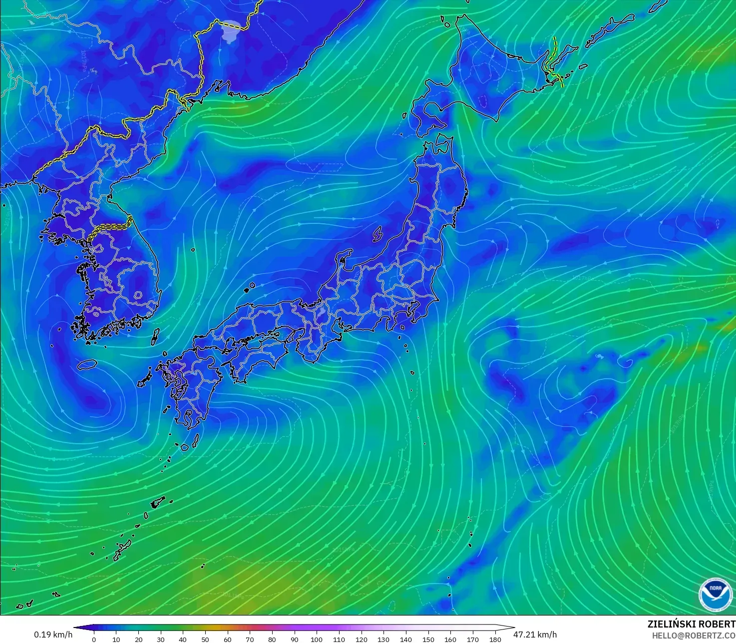 GFS modelo - Japón, Viento a 10 m