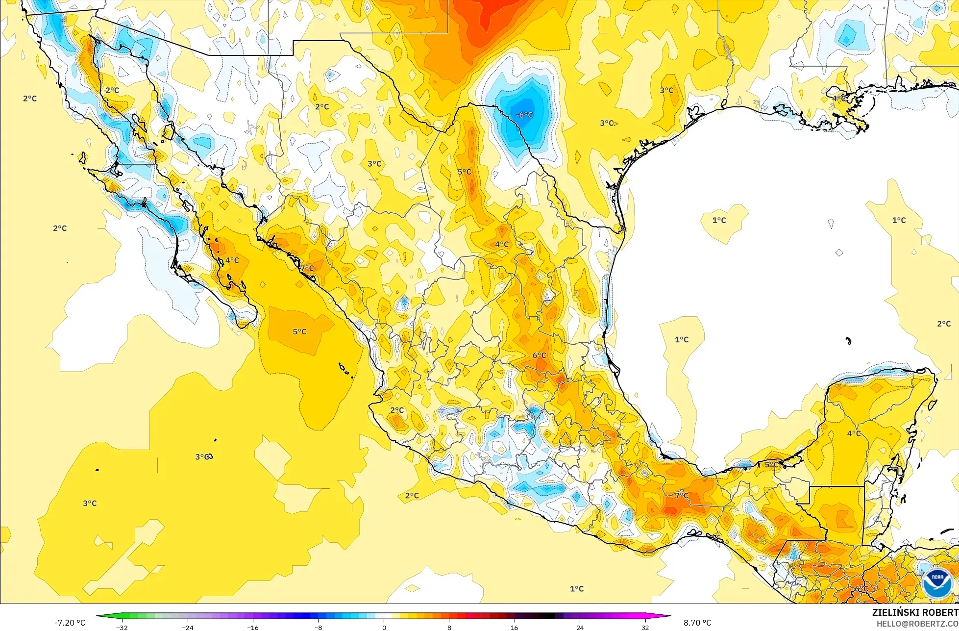 GFS modelo - México, Anomalía de temperatura a 2 m