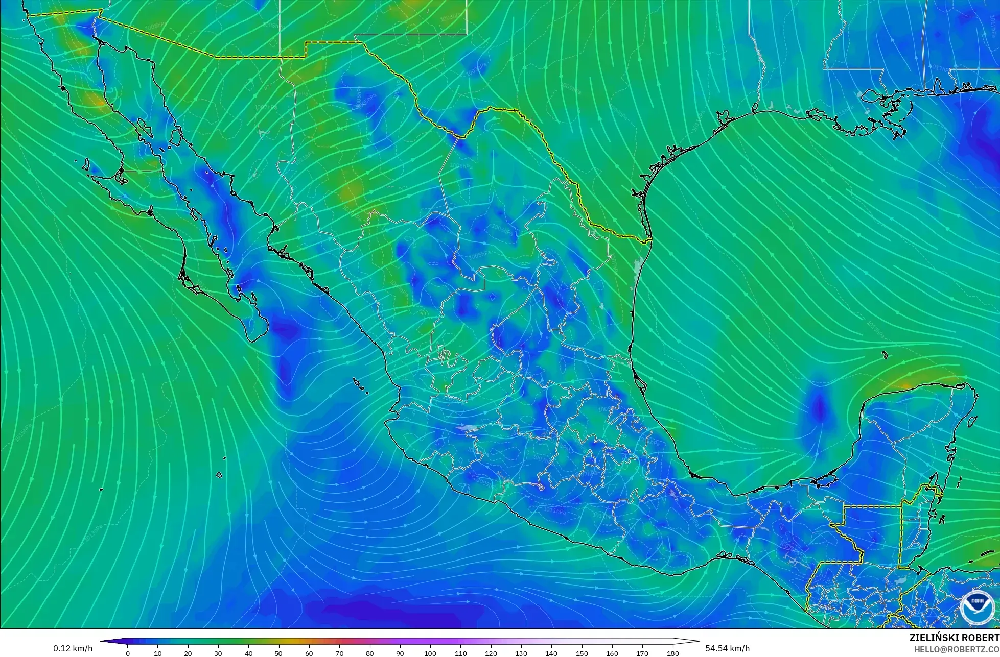 GFS modelo - México, Viento a 10 m