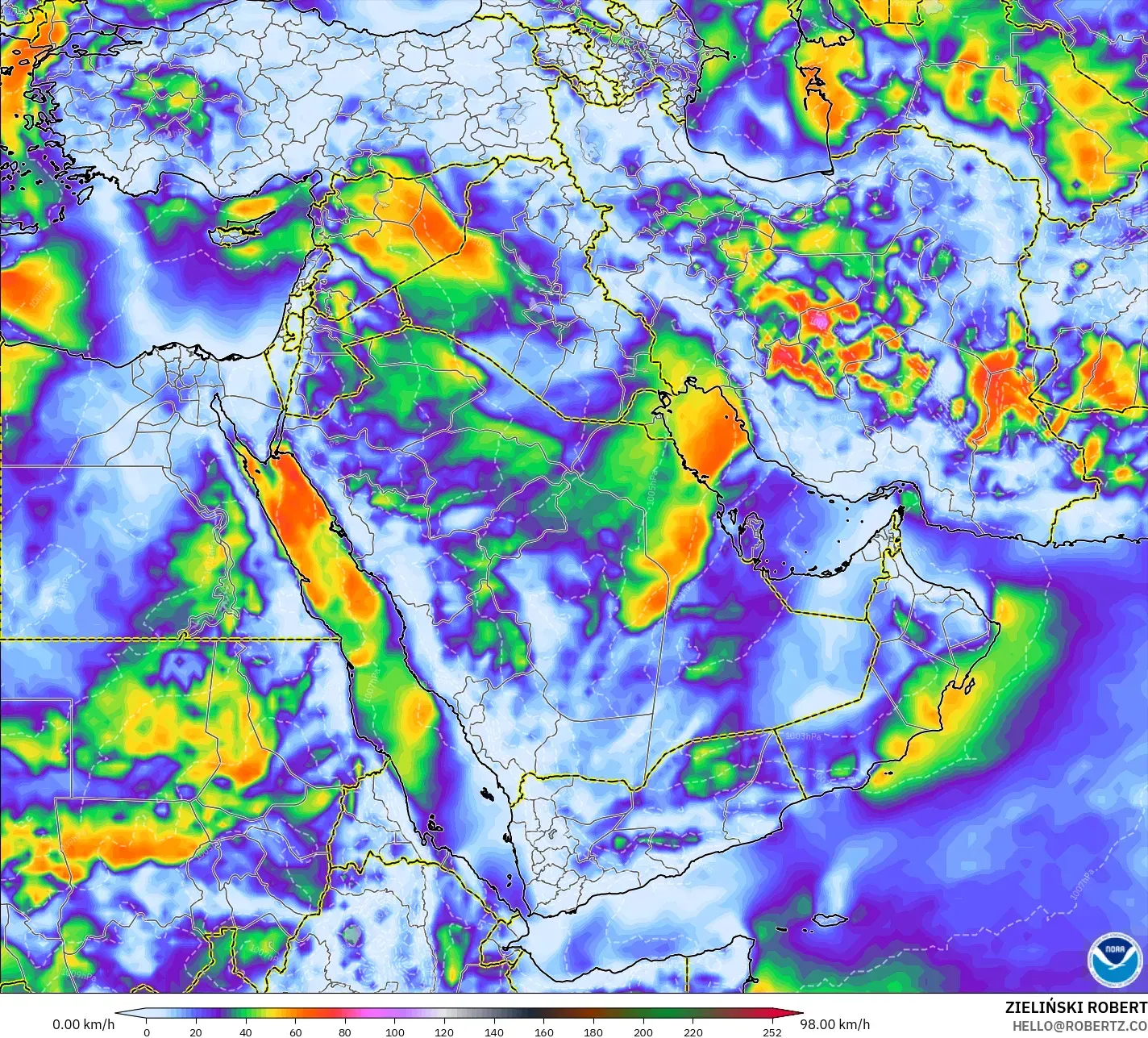 GFS modelo - Oriente Medio, Ráfagas de viento