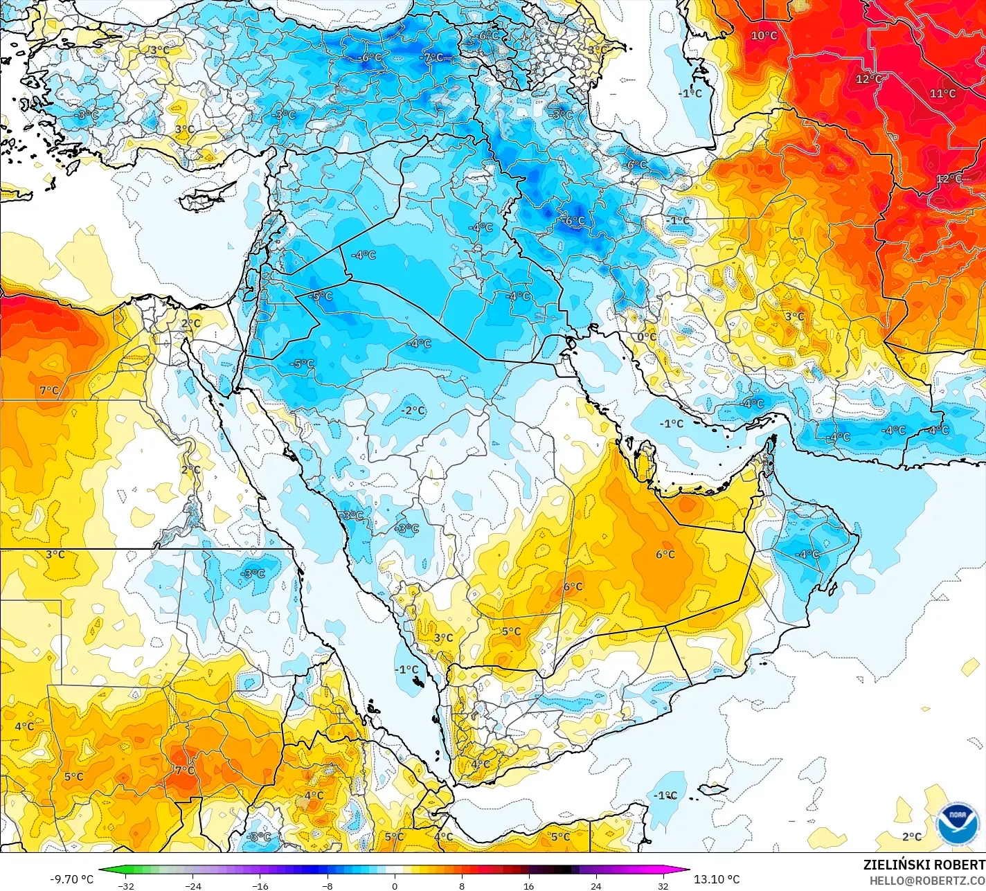 GFS modelo - Oriente Medio, Anomalía de temperatura a 2 m