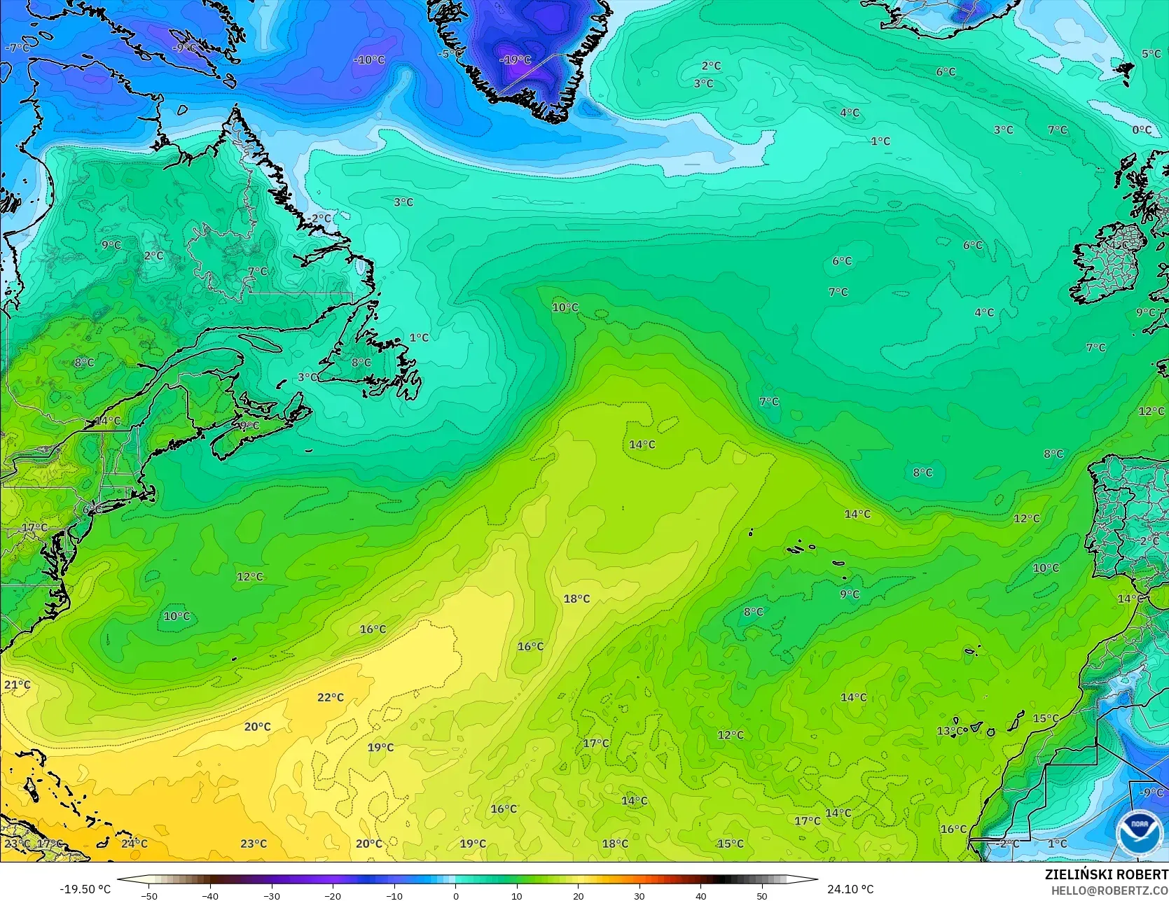 GFS modelo - Norte Atlántico, Punto de rocío a 2 m