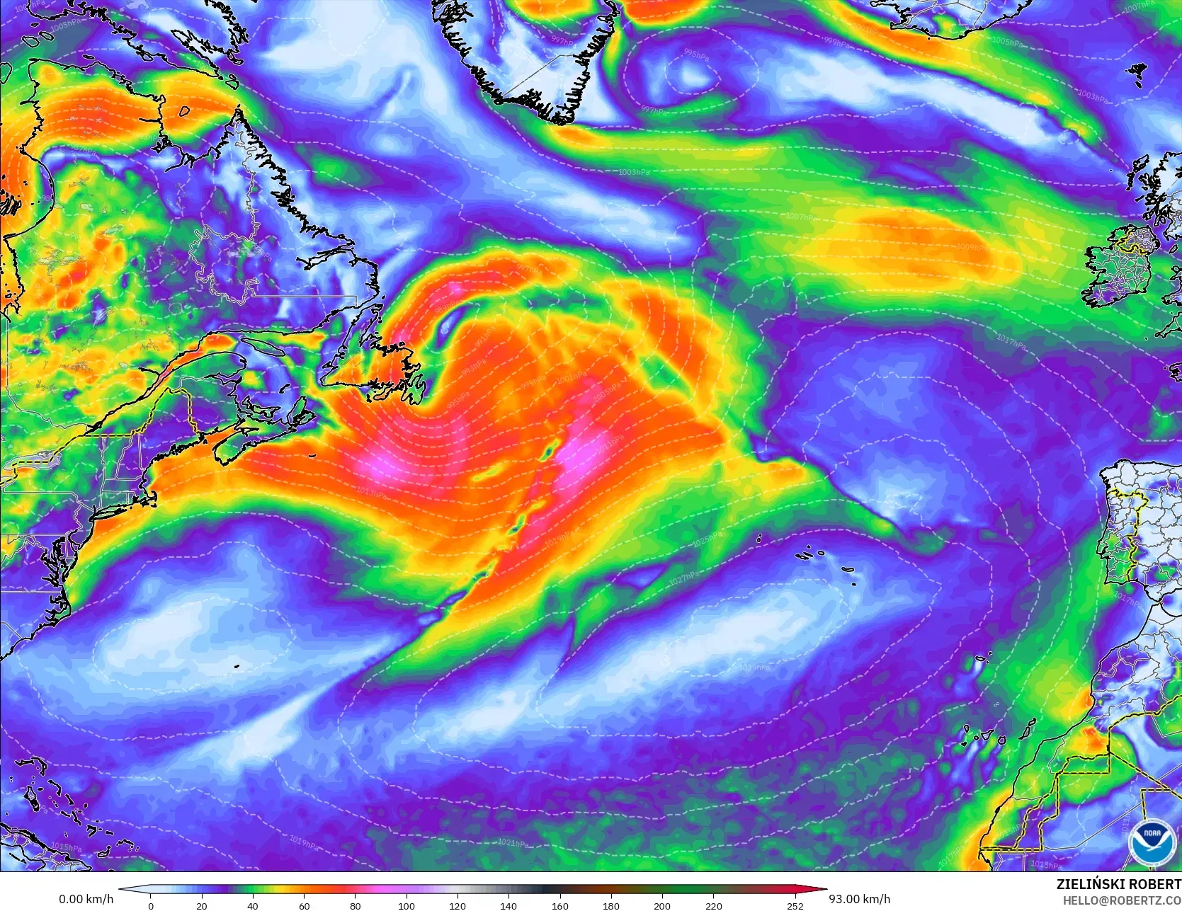 GFS modelo - Norte Atlántico, Ráfagas de viento