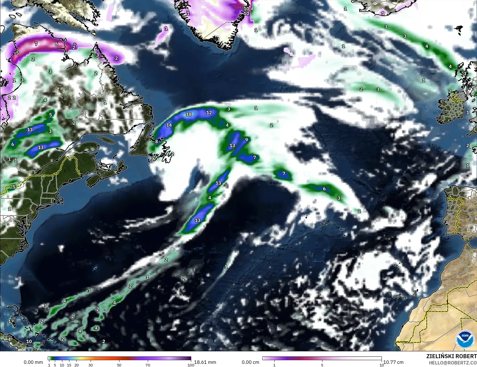 GFS modelo - Norte Atlántico, Precipitación, nubes y presión