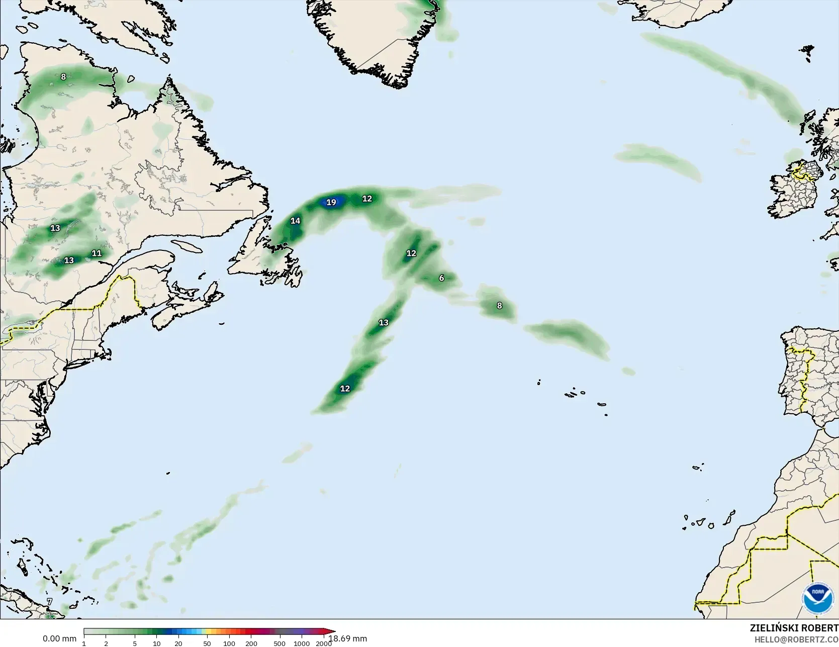GFS modelo - Norte Atlántico, Acumulación de precipitación