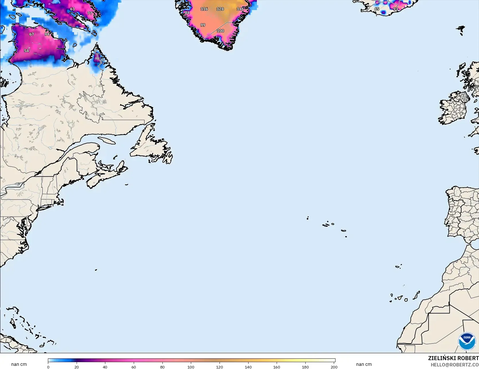 GFS modelo - Norte Atlántico, Profundidad de nieve