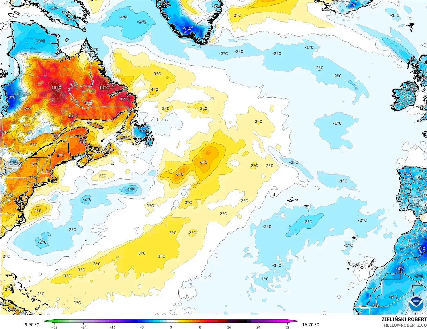 GFS modelo - Norte Atlántico, Anomalía de temperatura a 2 m