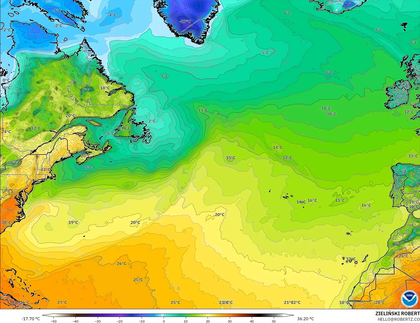 GFS modelo - Norte Atlántico, Temperatura a 2 m