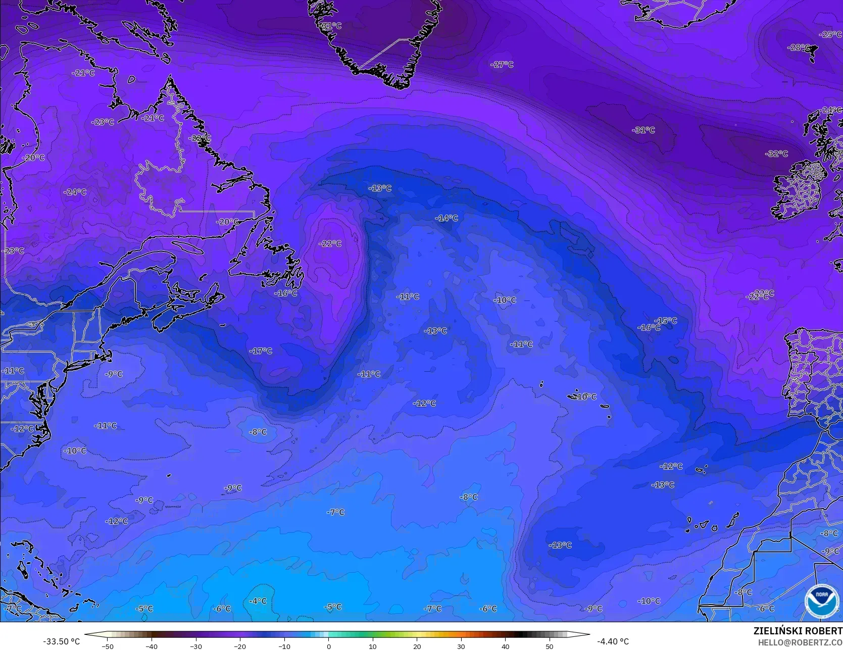 GFS modelo - Norte Atlántico, Temperatura a 500 hPa