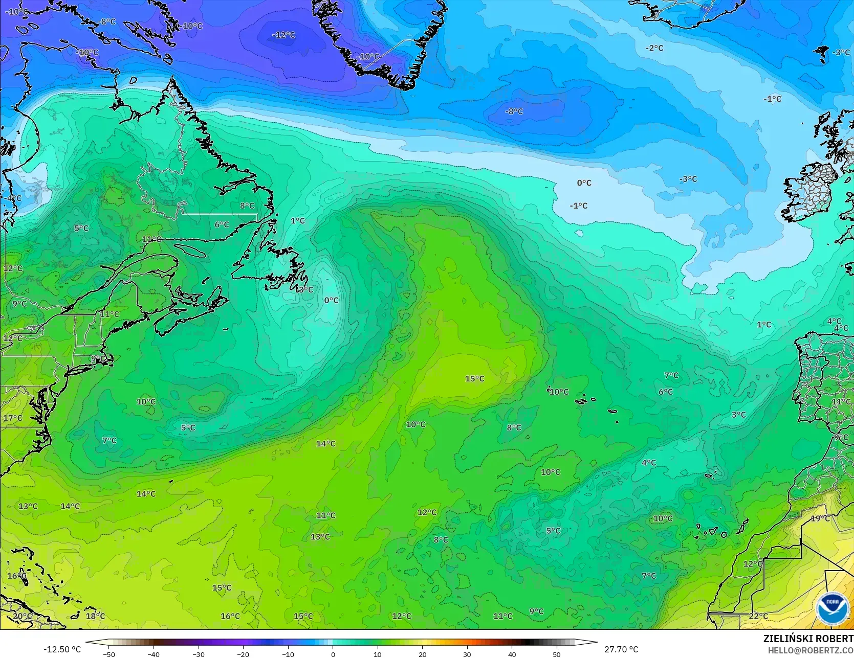 GFS modelo - Norte Atlántico, Temperatura a 850 hPa