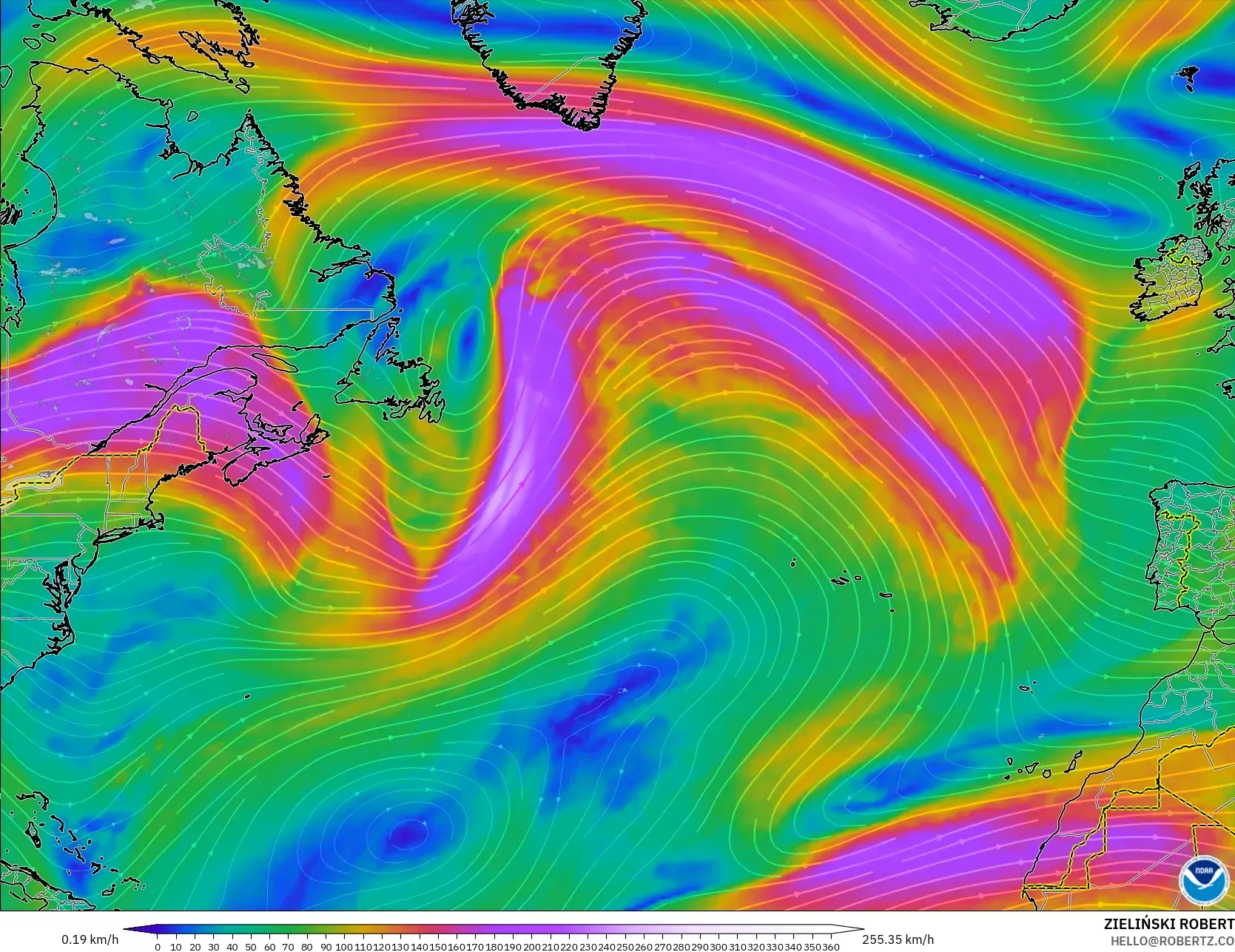 GFS modelo - Norte Atlántico, Viento a 300 hPa (corriente en chorro)