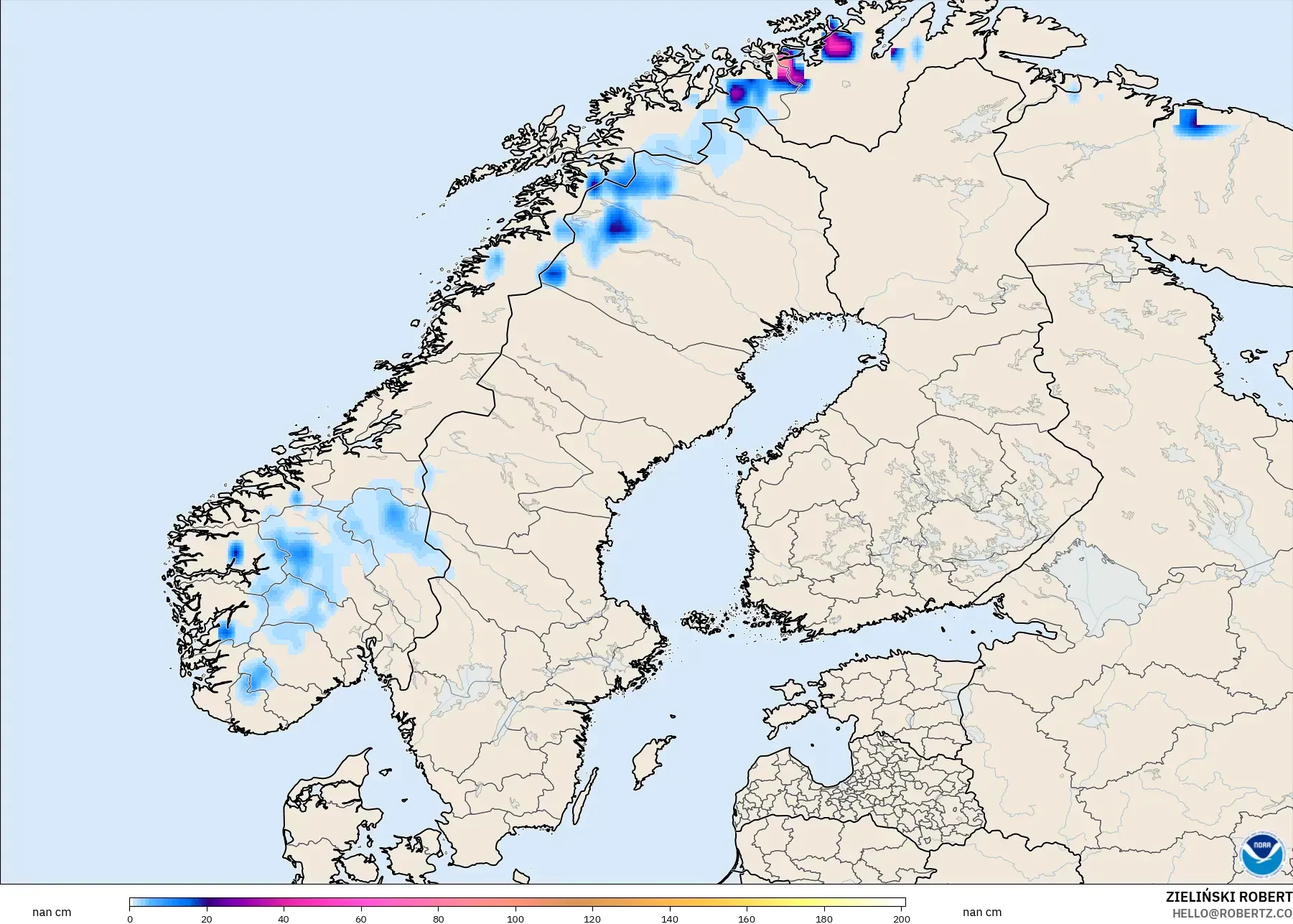 GFS modelo - Escandinavia, Profundidad de nieve