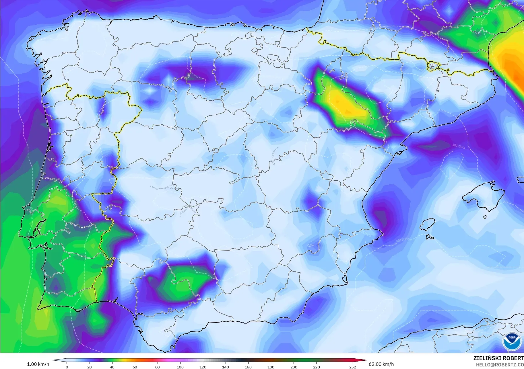 GFS modelo - España, Ráfagas de Viento Máximas
