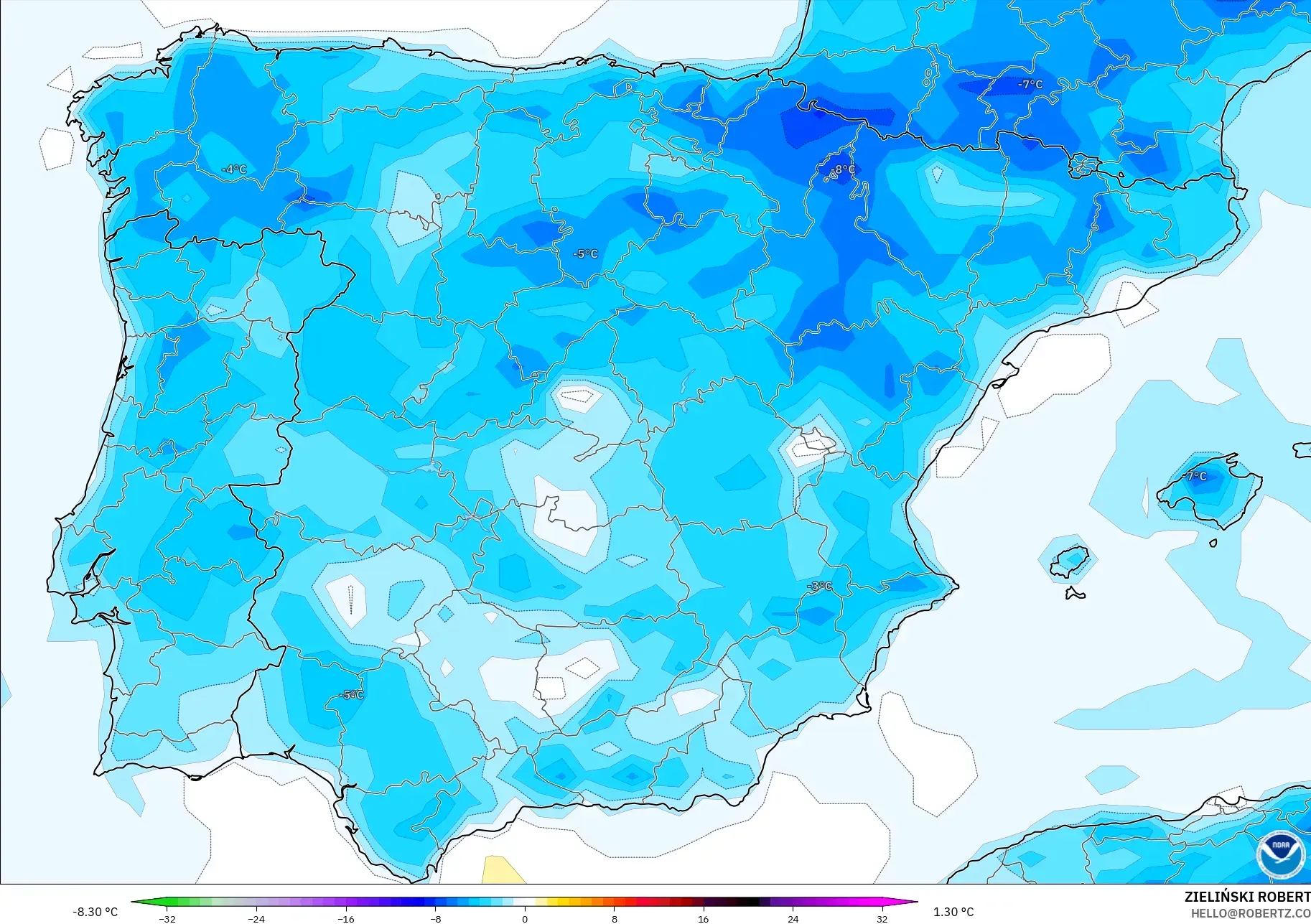GFS modelo - España, Anomalía de temperatura a 2 m