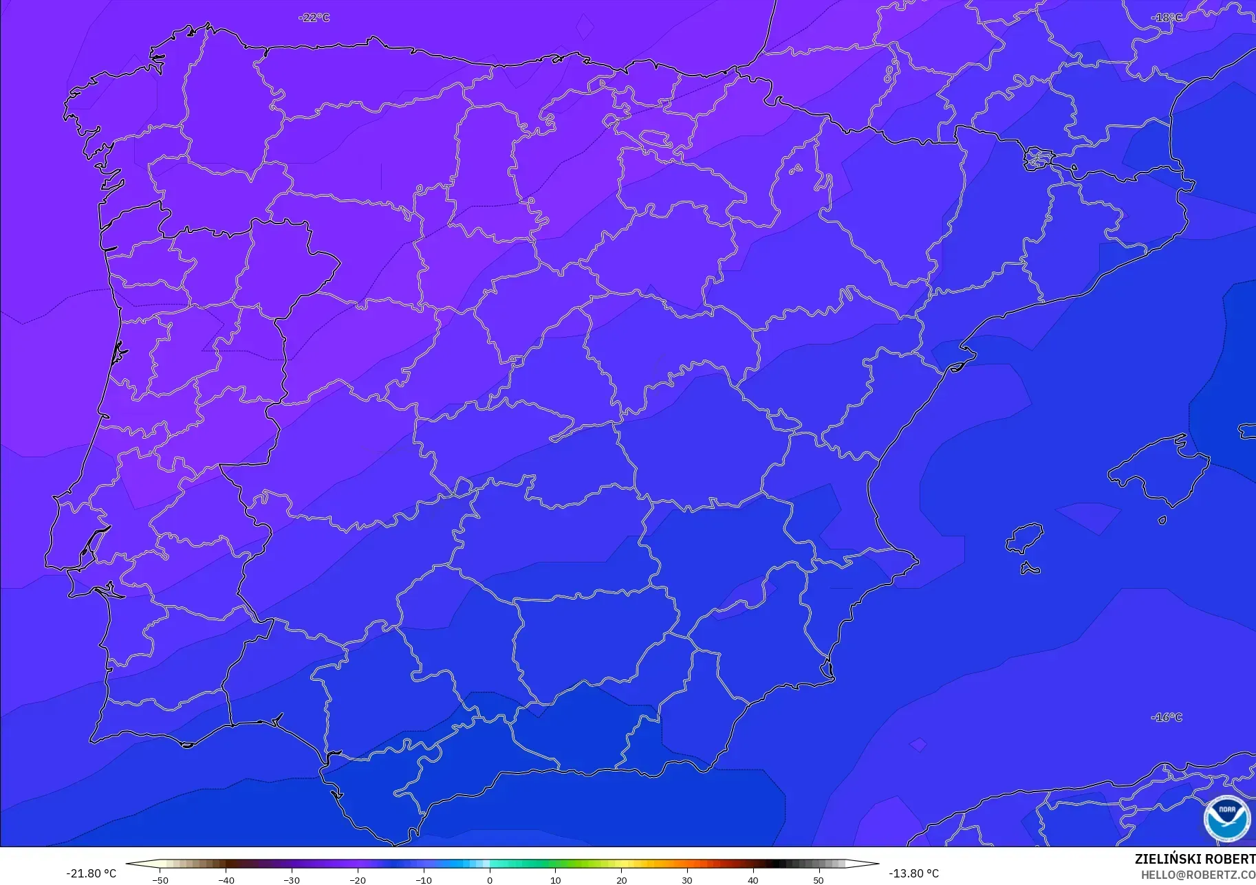 GFS modelo - España, Temperatura a 500 hPa
