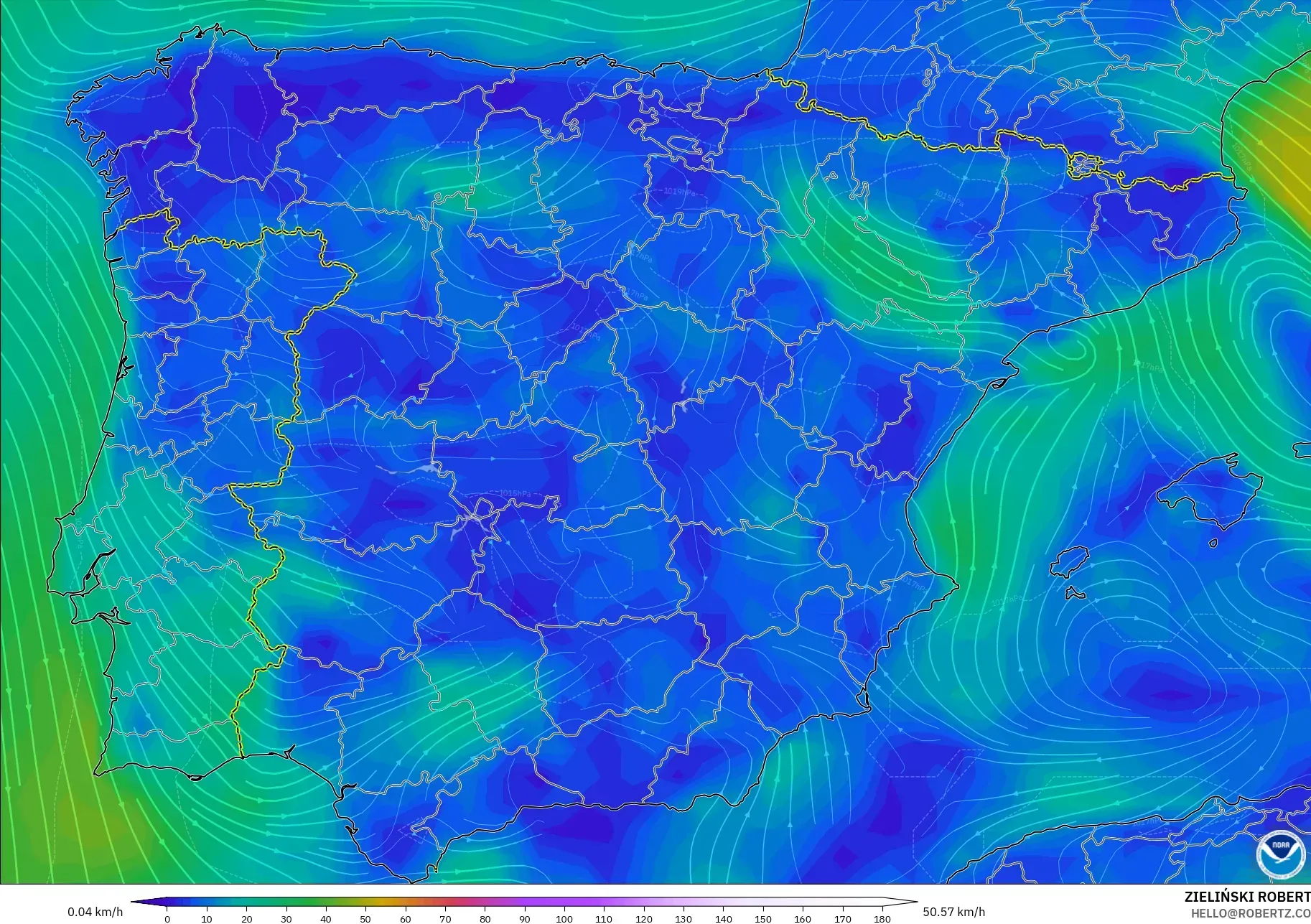 GFS modelo - España, Viento a 10 m