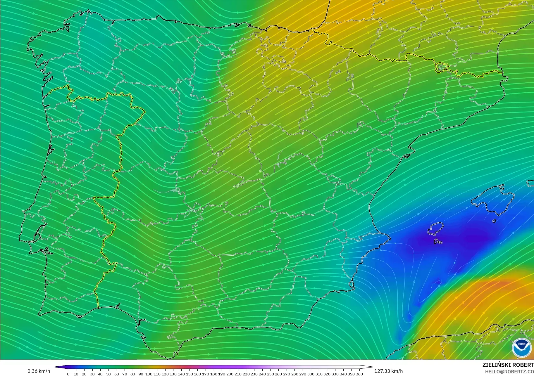 GFS modelo - España, Viento a 300 hPa (corriente en chorro)