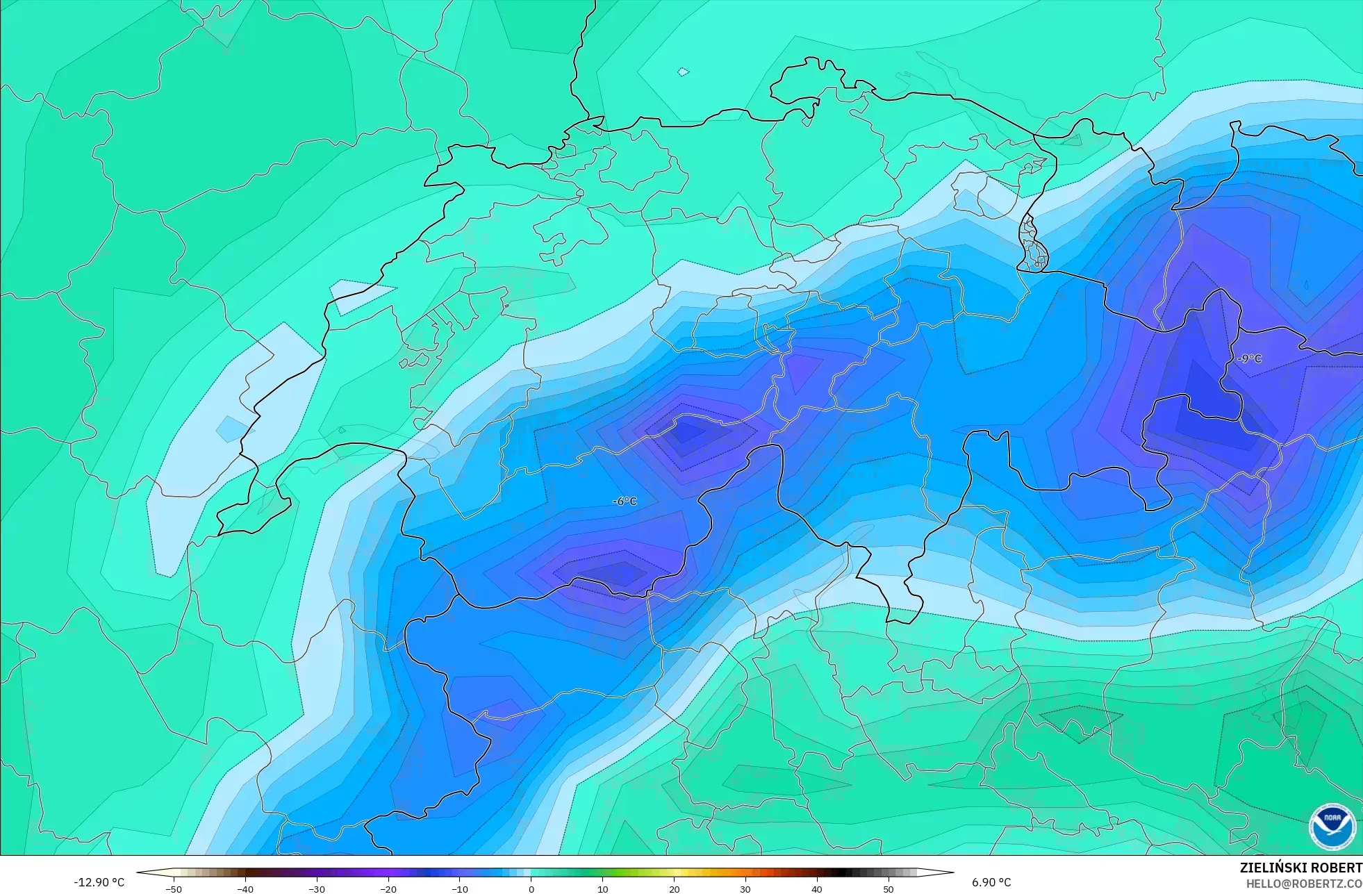 GFS modelo - Suiza, Punto de rocío a 2 m
