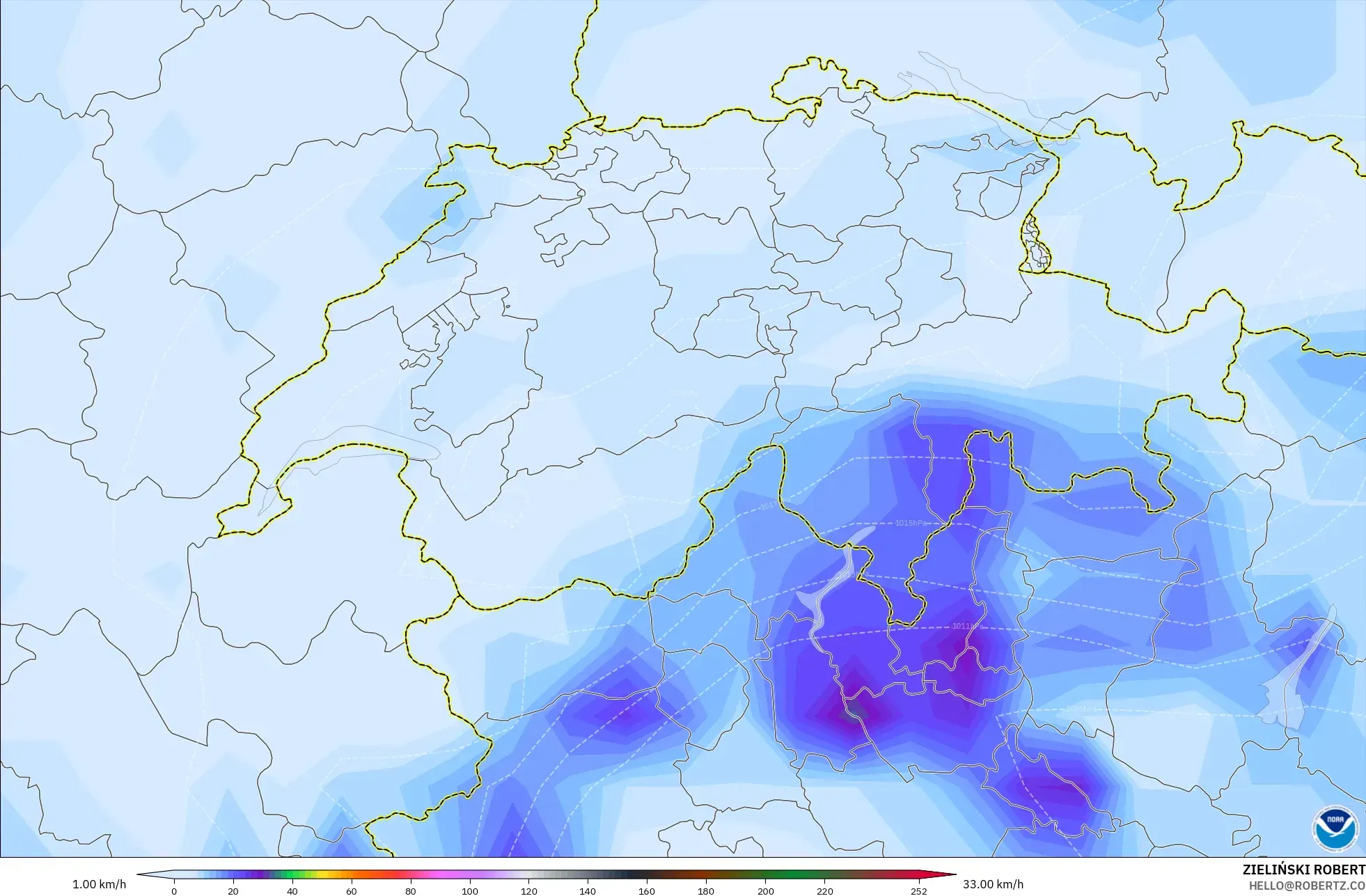 GFS modelo - Suiza, Ráfagas de Viento Máximas