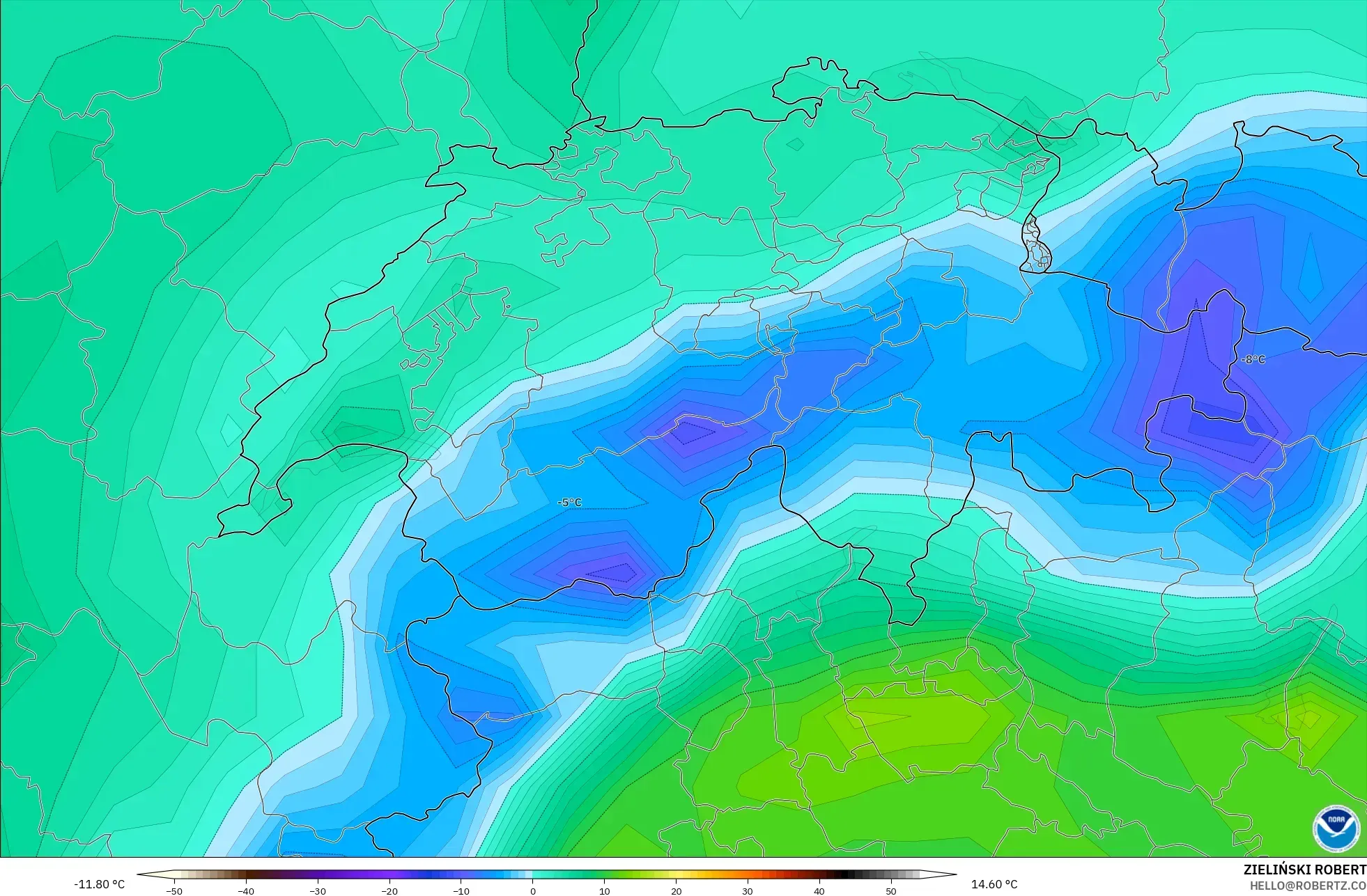 GFS modelo - Suiza, Temperatura a 2 m