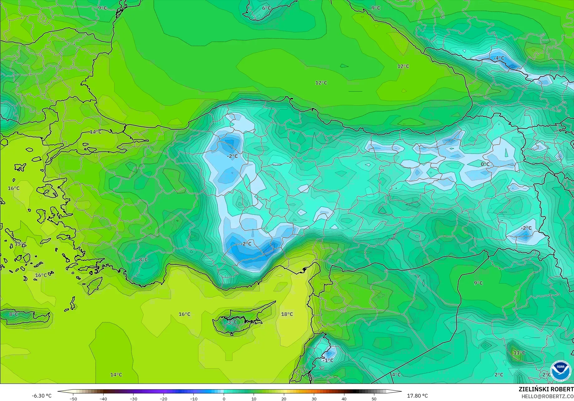 GFS modelo - Turquía, Punto de rocío a 2 m