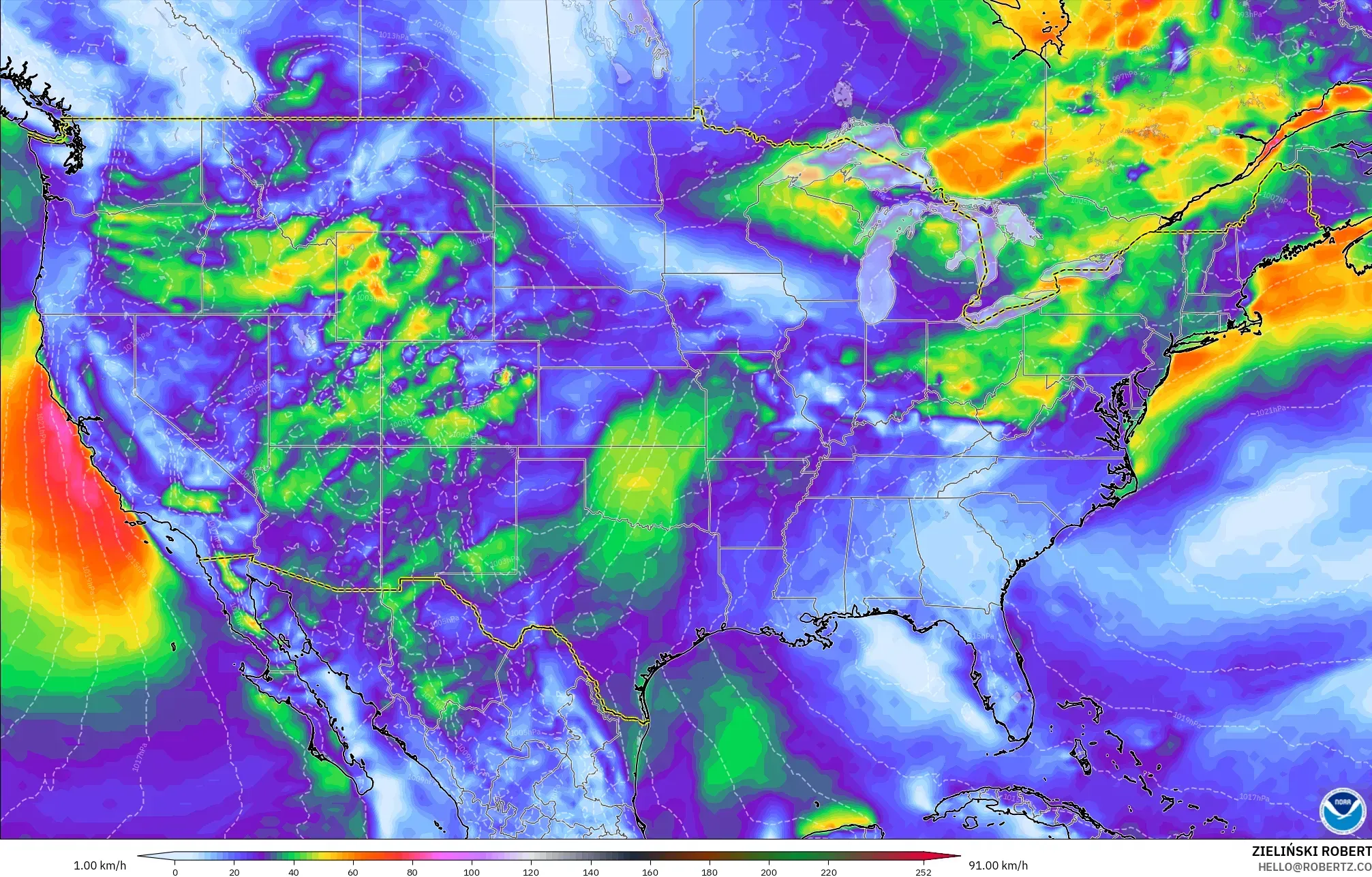 GFS modelo - Estados Unidos, Ráfagas de Viento Máximas