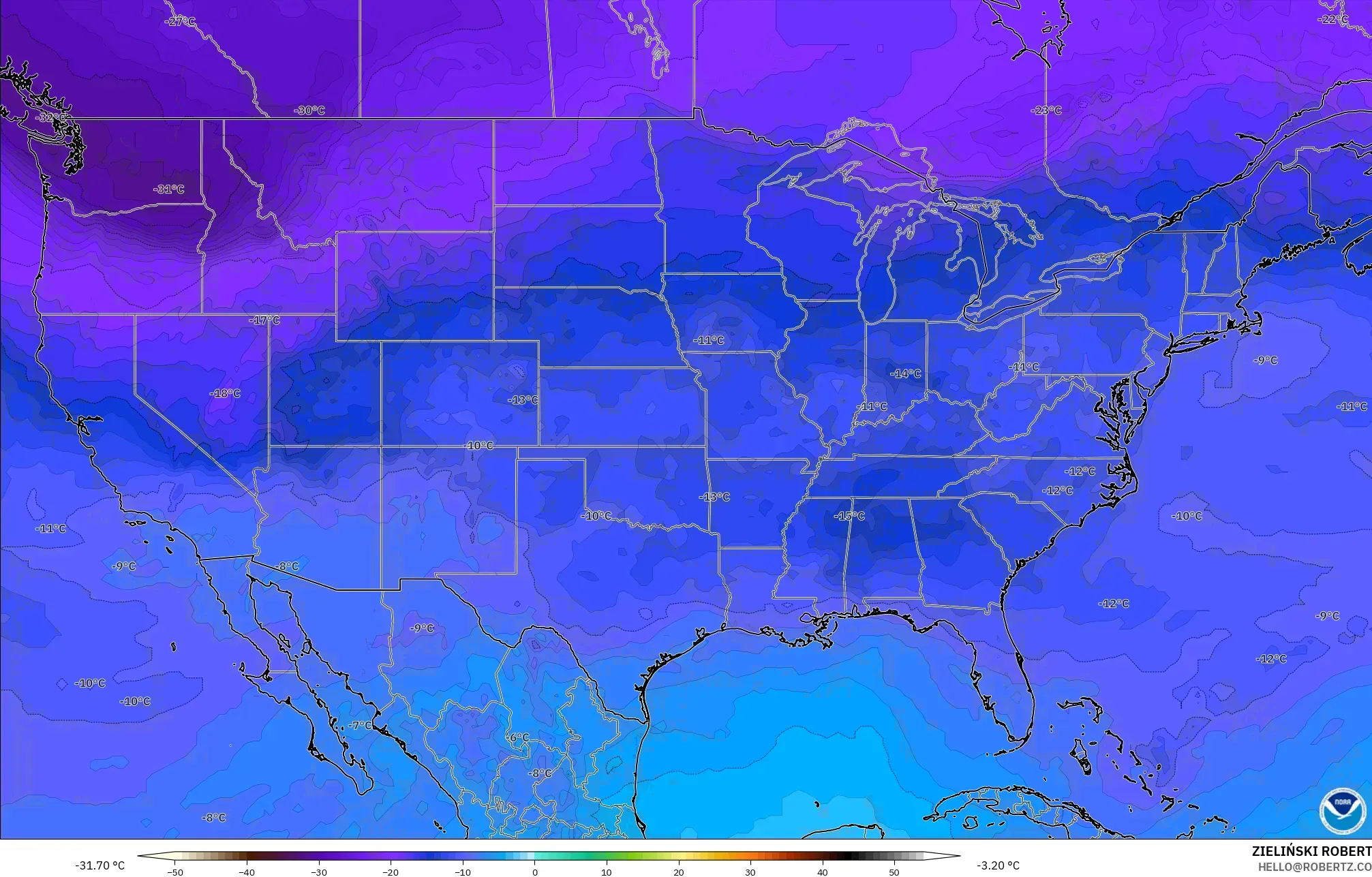 GFS modelo - Estados Unidos, Temperatura a 500 hPa
