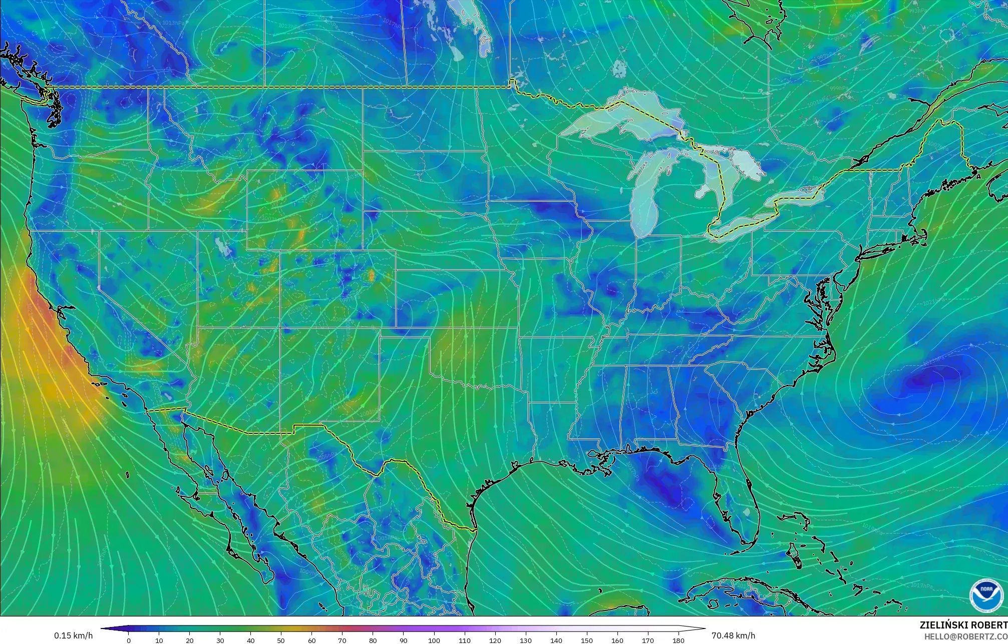 GFS modelo - Estados Unidos, Viento a 10 m
