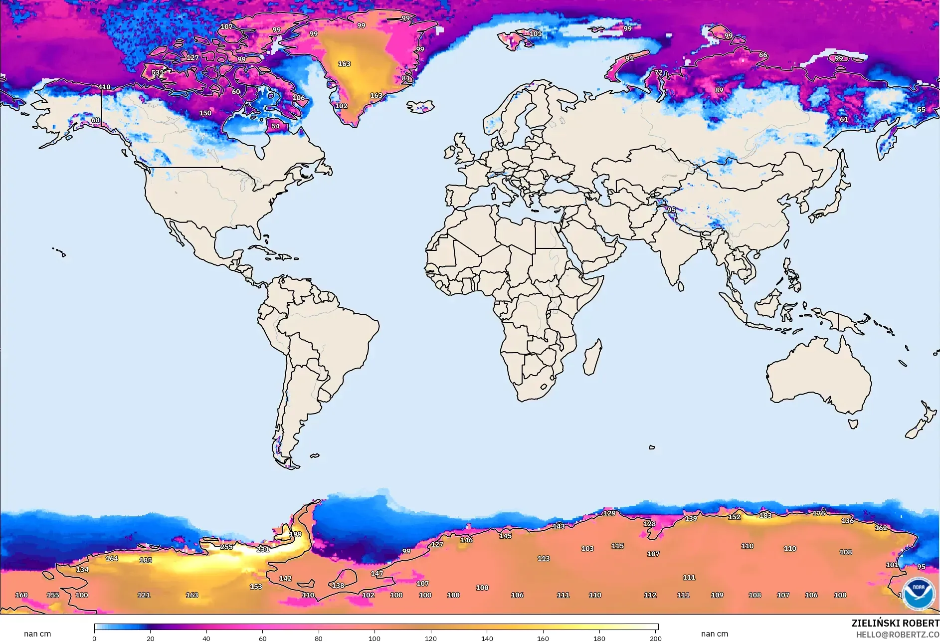 GFS modelo - Mundo, Profundidad de nieve