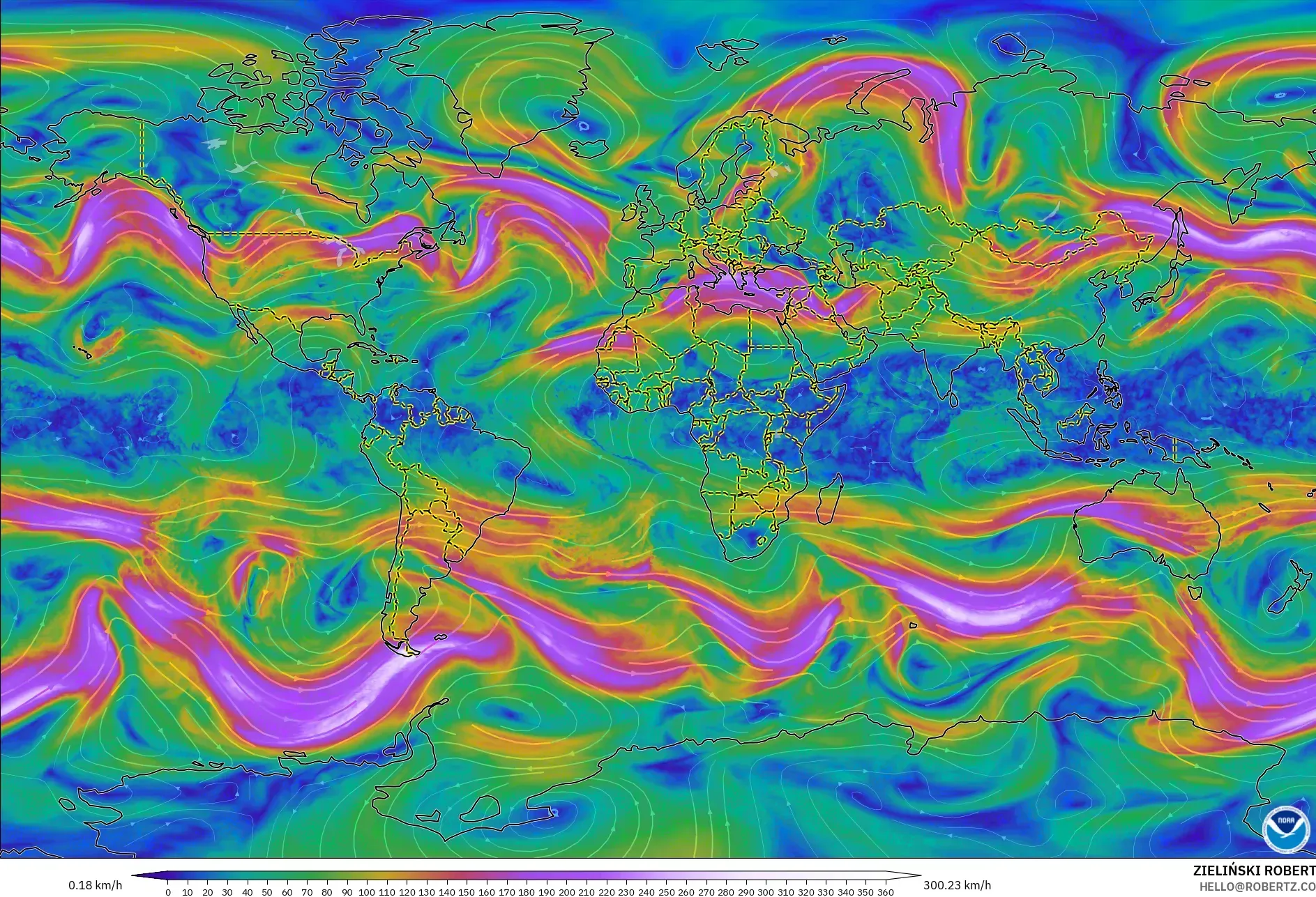 GFS modelo - Mundo, Viento a 300 hPa (corriente en chorro)
