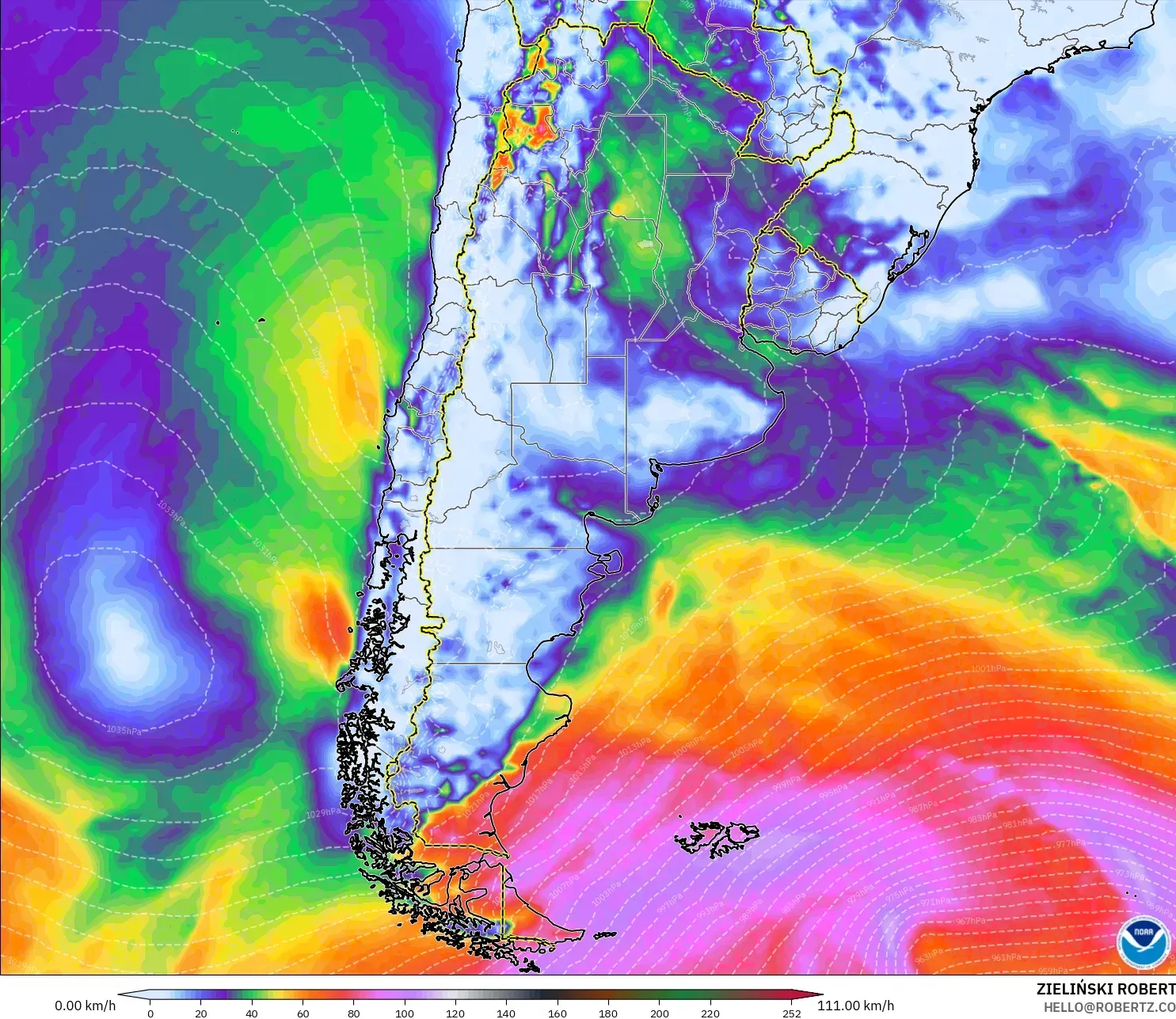 GFS modelo - Argentina, Ráfagas de Viento Máximas