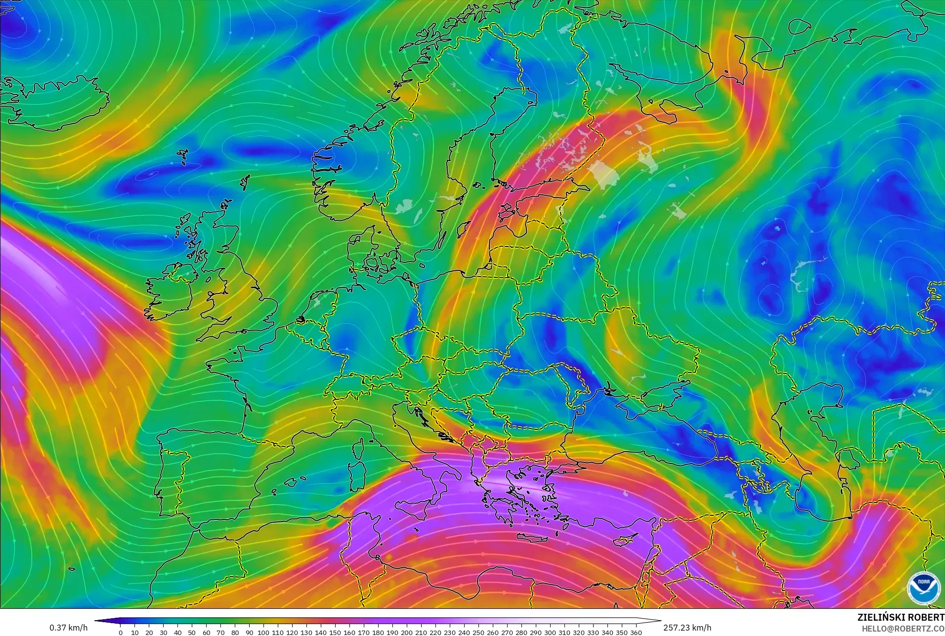 GFS modelo - Europa, Viento a 300 hPa (corriente en chorro)