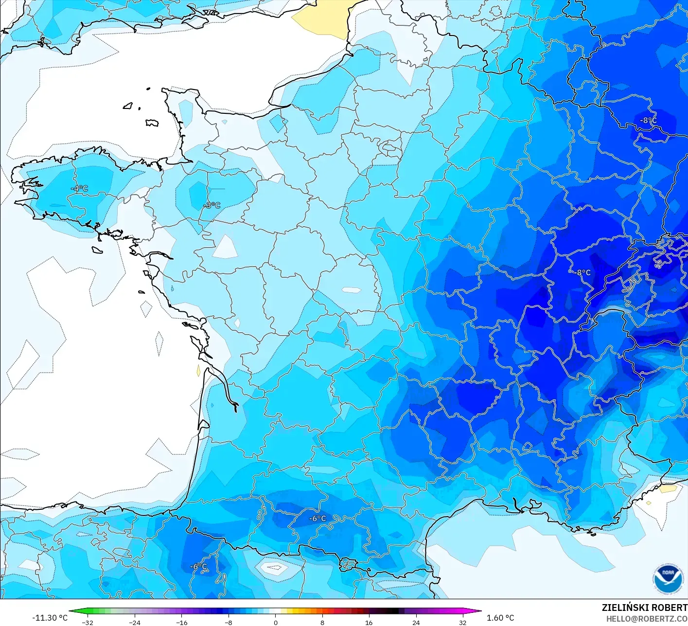 GFS modelo - Francia, Anomalía de temperatura a 2 m