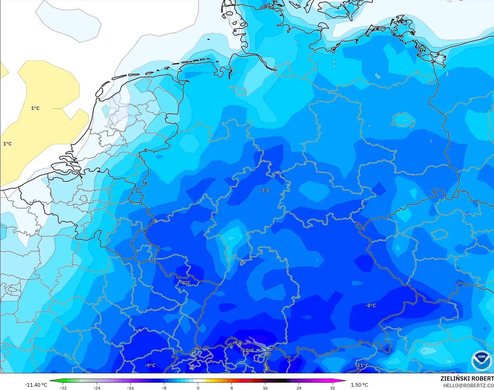 GFS modelo - Alemania, Anomalía de temperatura a 2 m