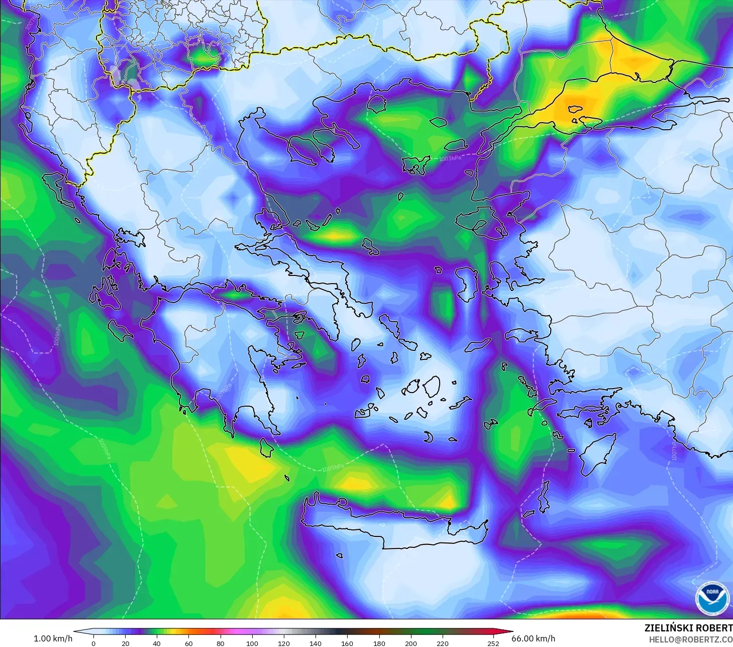 GFS modelo - Grecia, Ráfagas de viento
