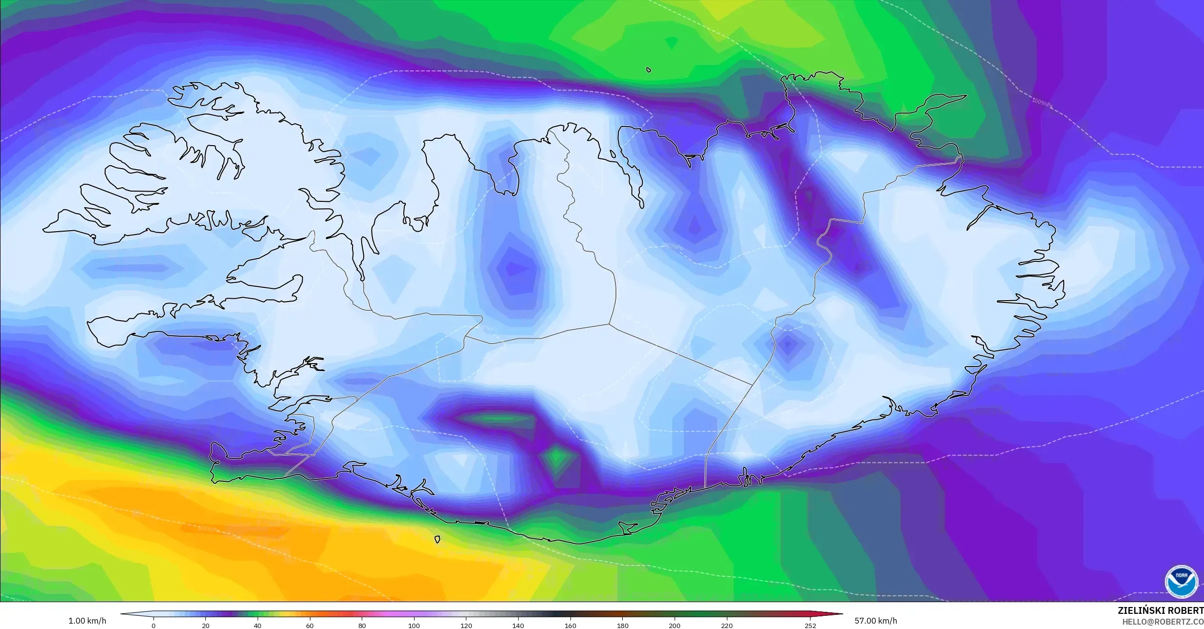 GFS modelo - Islandia, Ráfagas de Viento Máximas