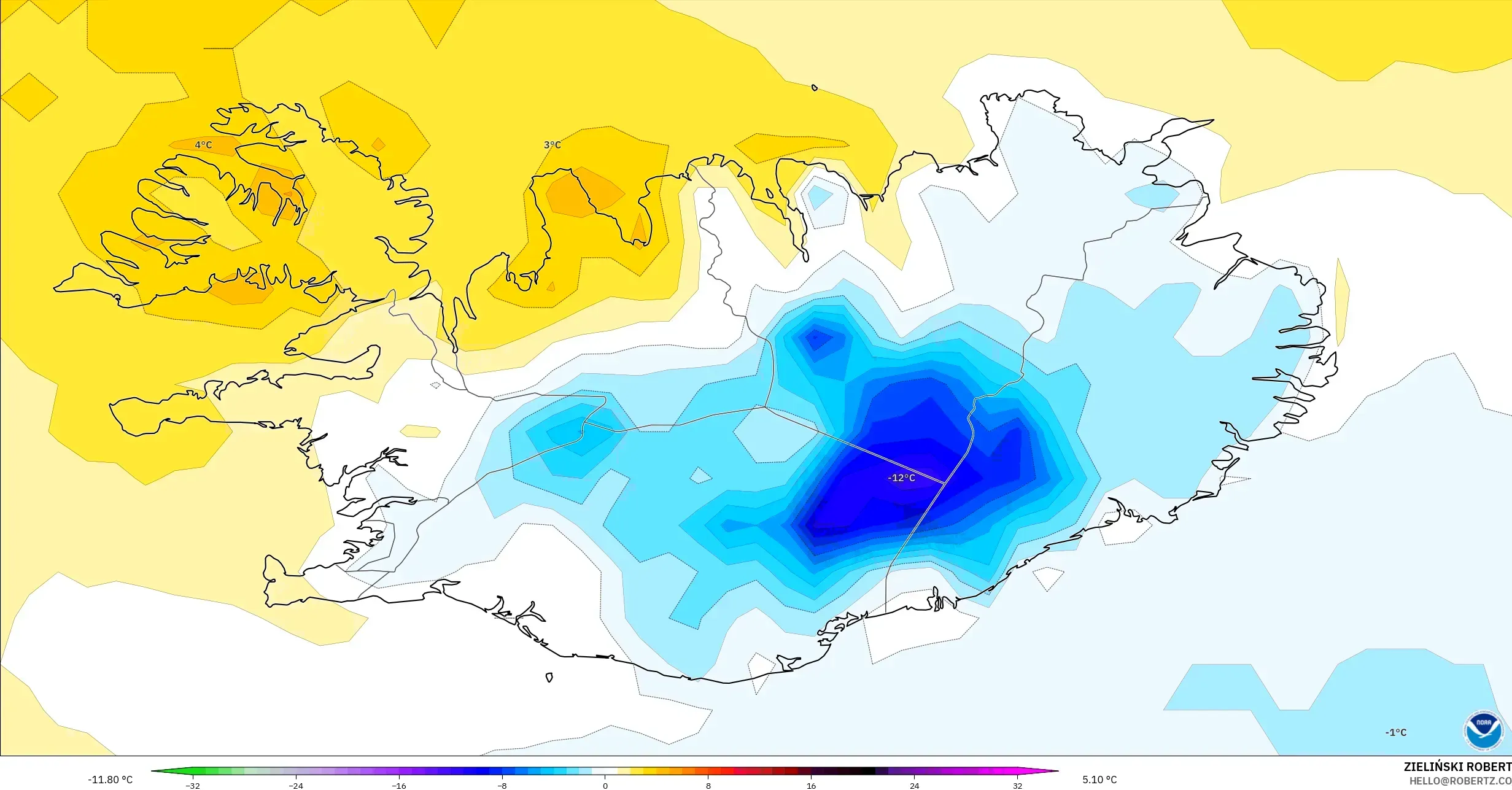 GFS modelo - Islandia, Anomalía de temperatura a 2 m