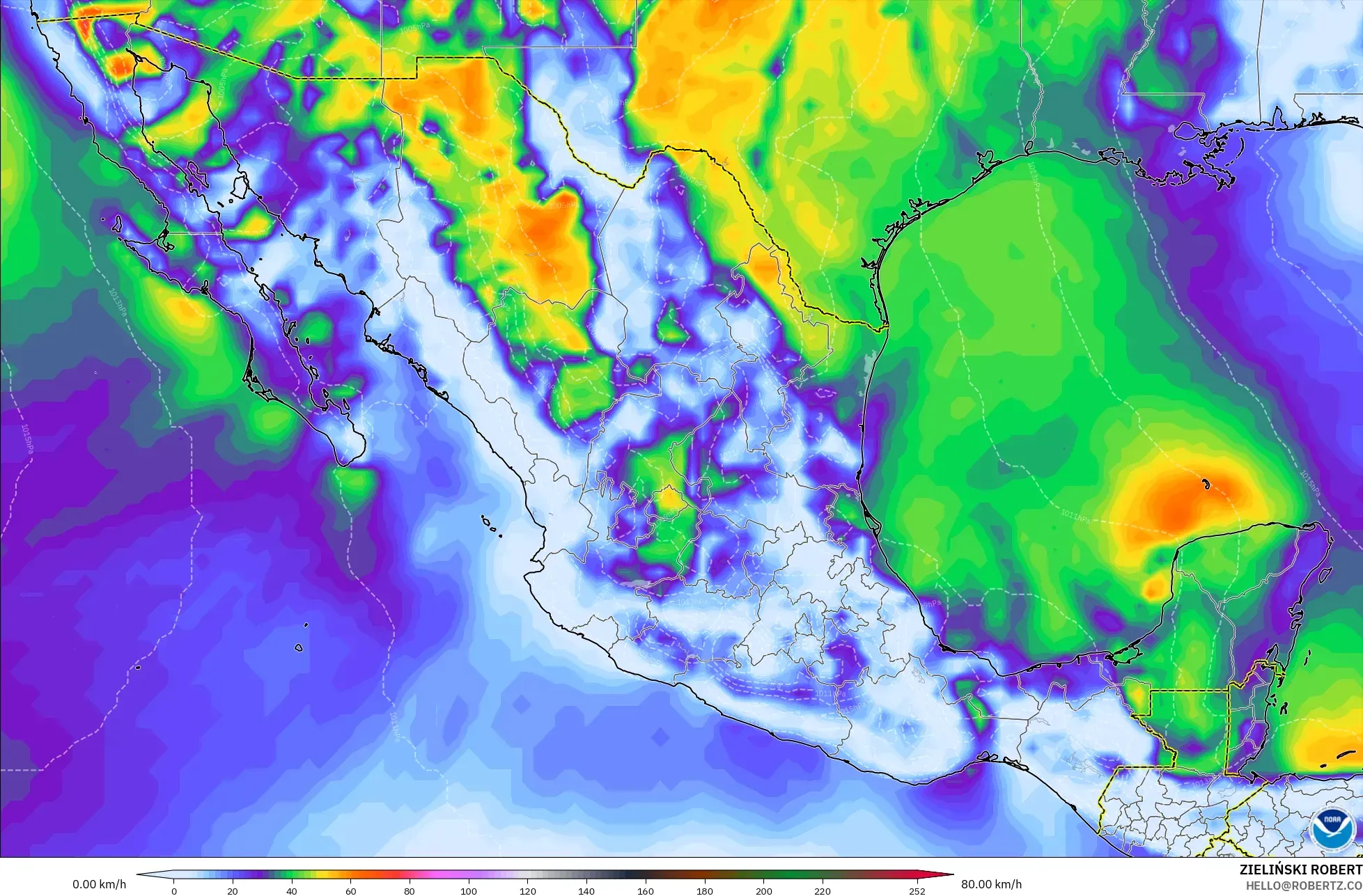 GFS modelo - México, Ráfagas de Viento Máximas