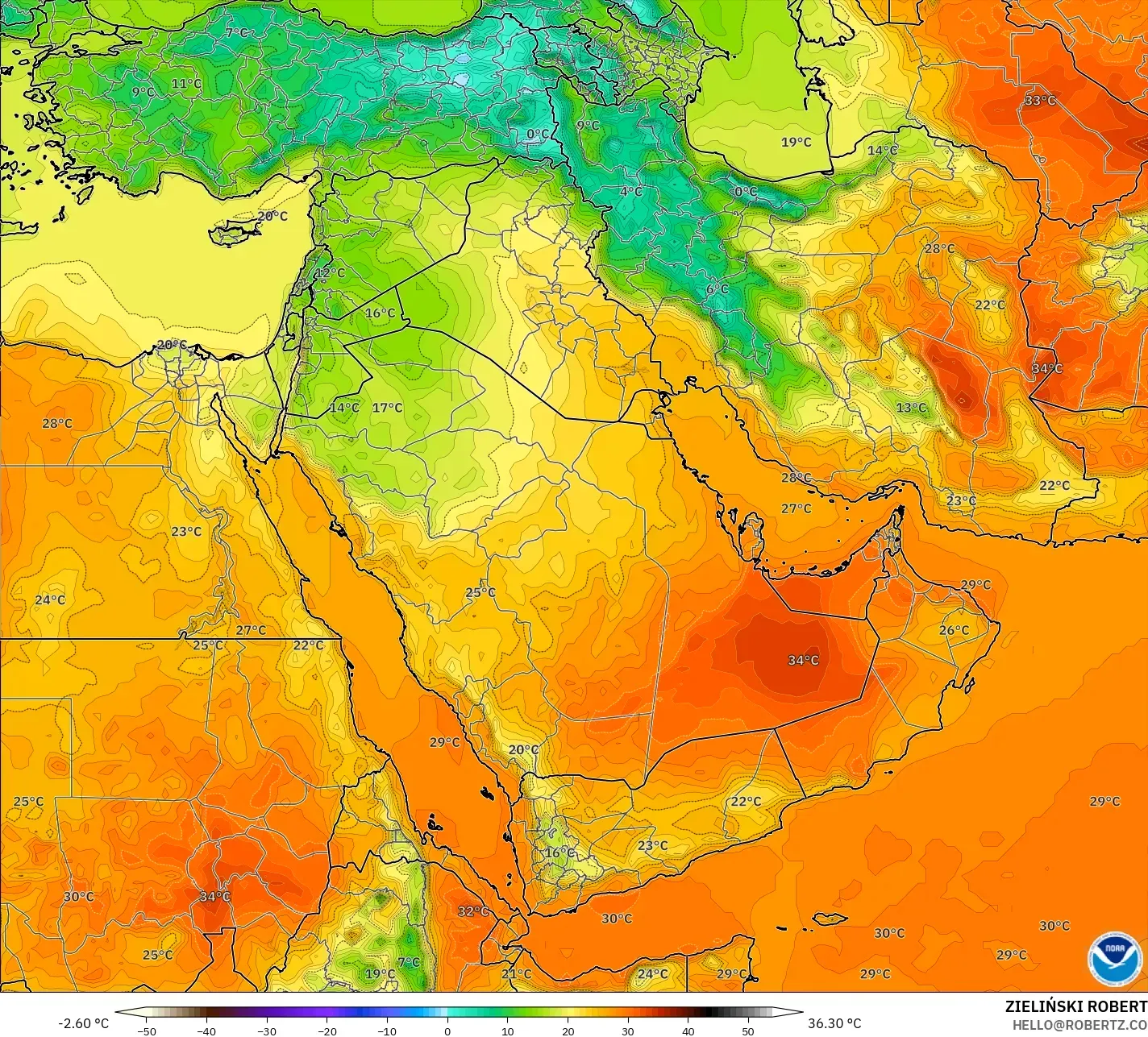 GFS modelo - Oriente Medio, Temperatura a 2 m