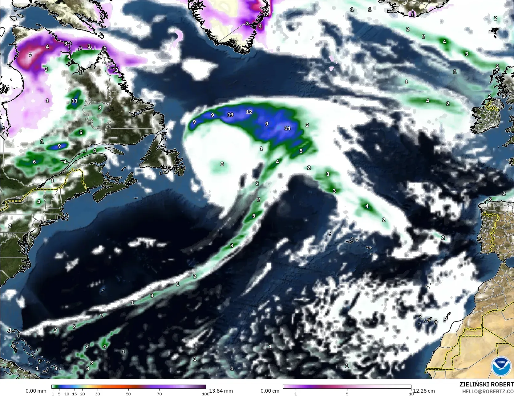GFS modelo - Norte Atlántico, Precipitación, nubes y presión