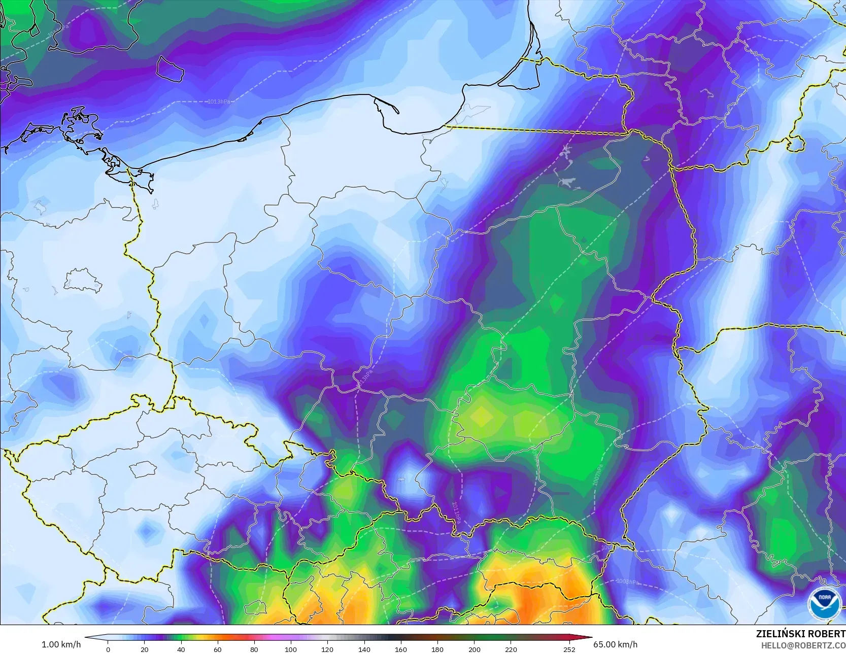 GFS modelo - Polonia, Ráfagas de Viento Máximas