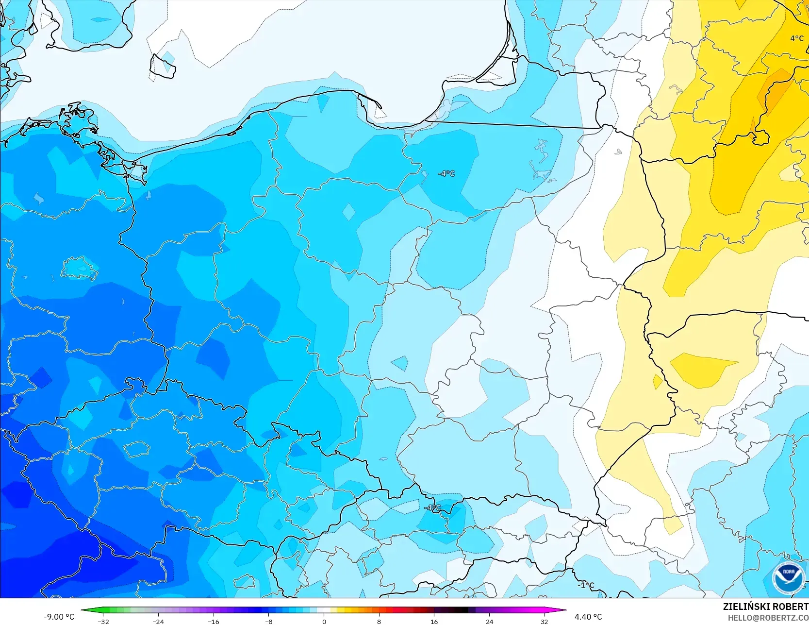 GFS modelo - Polonia, Anomalía de temperatura a 2 m